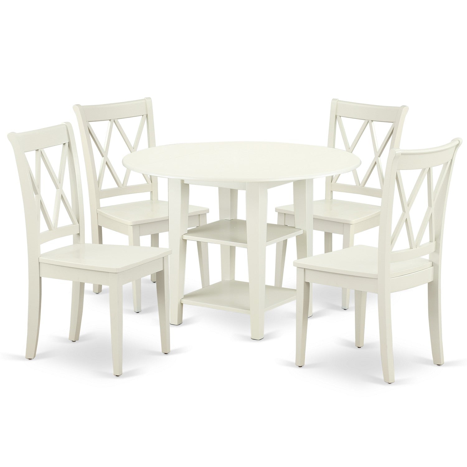 SUCL5-LWH-W 5PC Round 20/42 inch Table with two11-Inch Drop Leaves and 4 Double X back Chairs
