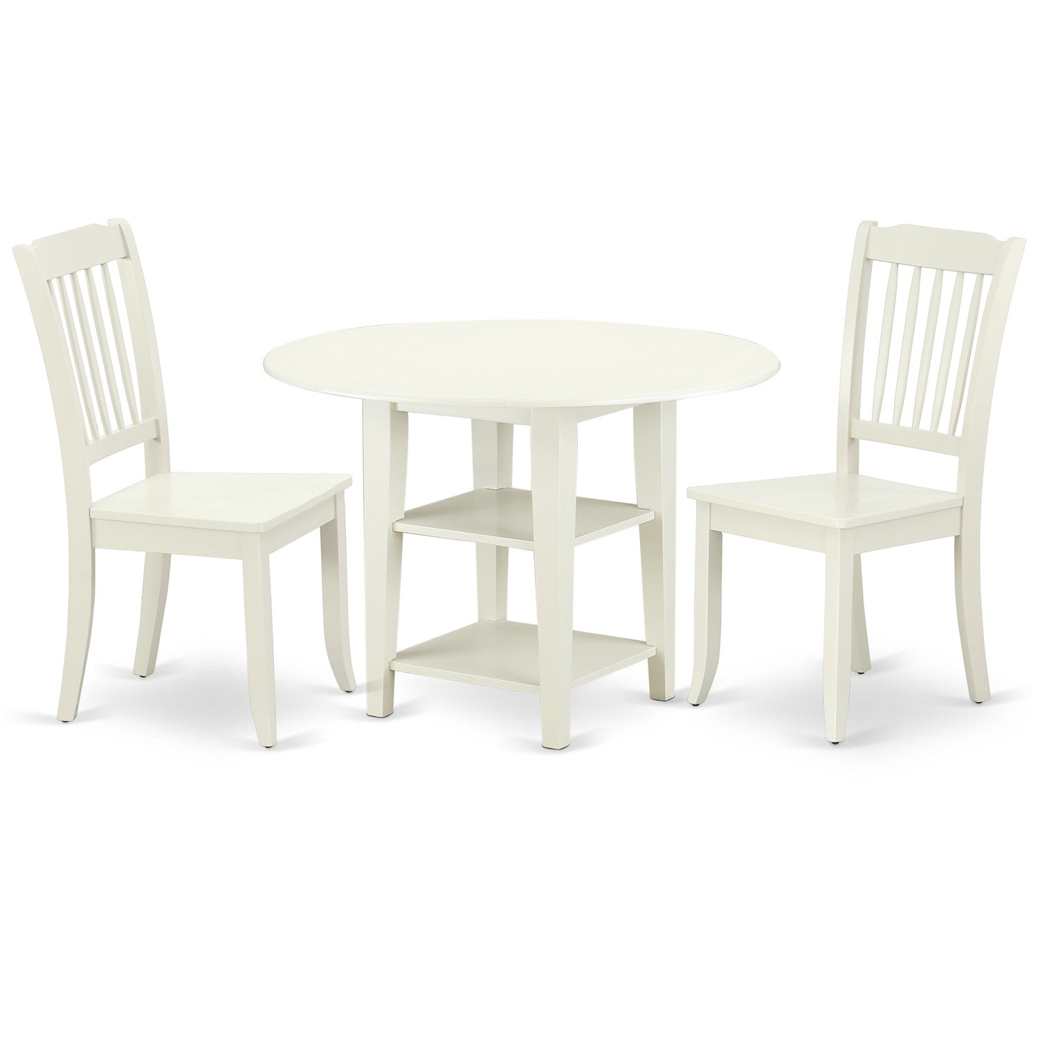 SUDA3-LWH-W 3PC Round 20/42 inch Table with two11-Inch Drop Leaves and 2 vertical slatted Chairs