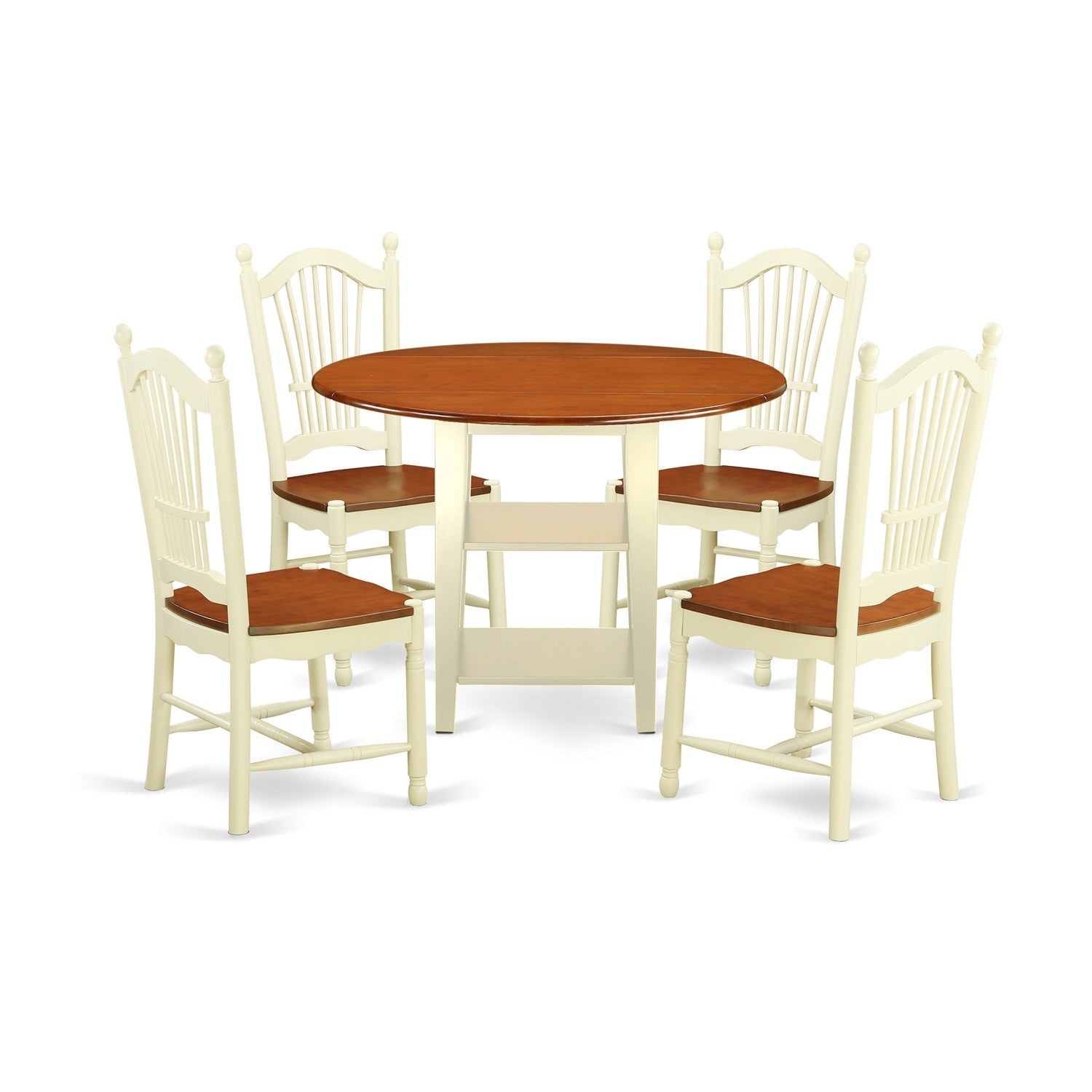 SUDO5-BMK-W 5 Piece Sudbury Set With One Round Dinette Table And four Dinette Chairs With Wood Seat In A Rich Buttermilk and Cherry Finish.