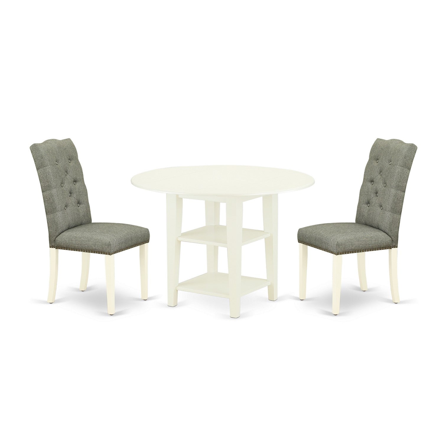 East West Furniture SUEL3-LWH-07 3-Piece Dining Room Table Set Included a Round Modern Dining Table with Two Shelves & 2 Parson Chairs, Smoke Linen Fabric Dining Chairs Seat with Rubber Wood Legs, Linen White Finishs