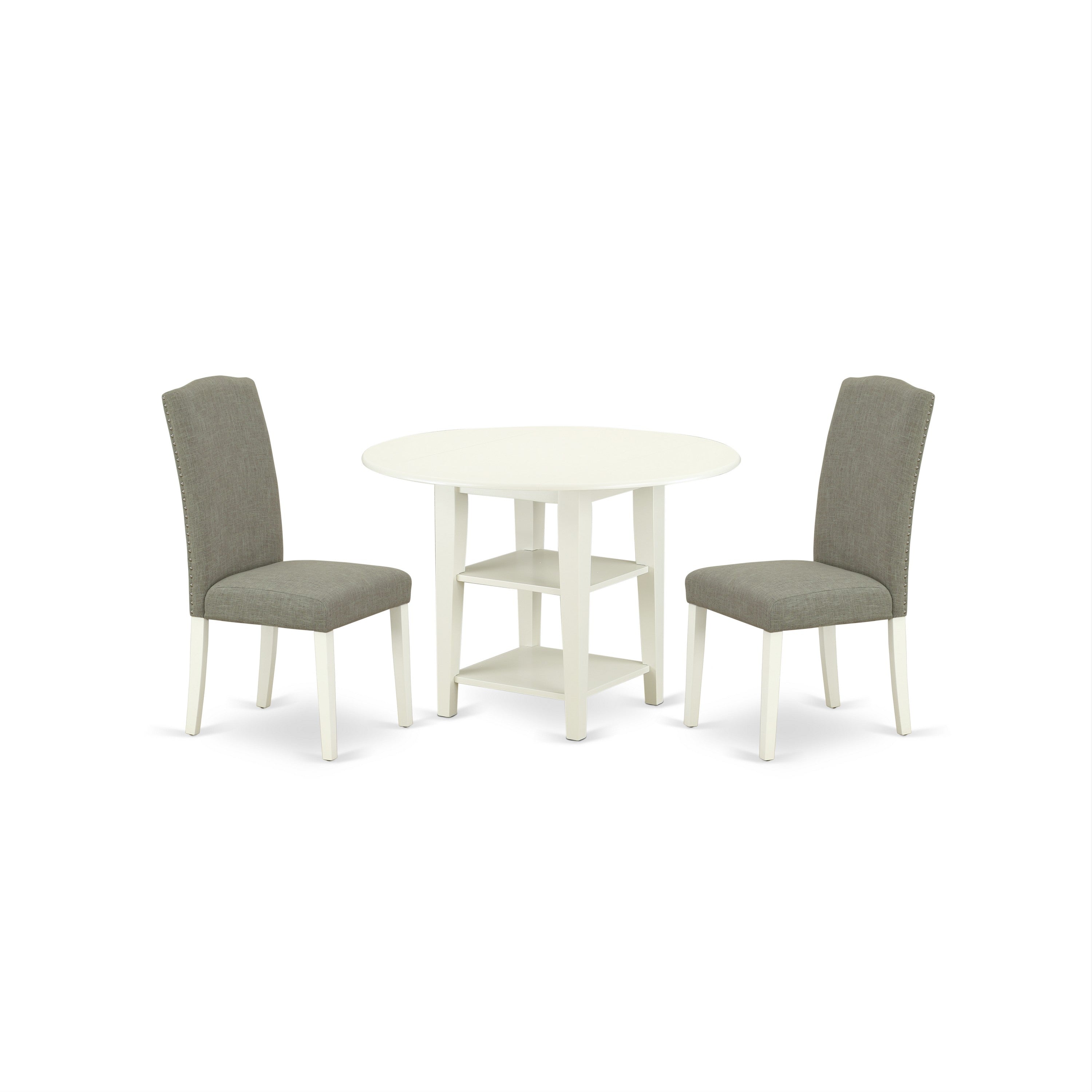 SUEN3-LWH-06 3Pc Rounded 20/42" Table With two 11-Inch Drop Leaves And 2 Parson Chair With Linen White Leg And Linen Fabric Dark Shitake