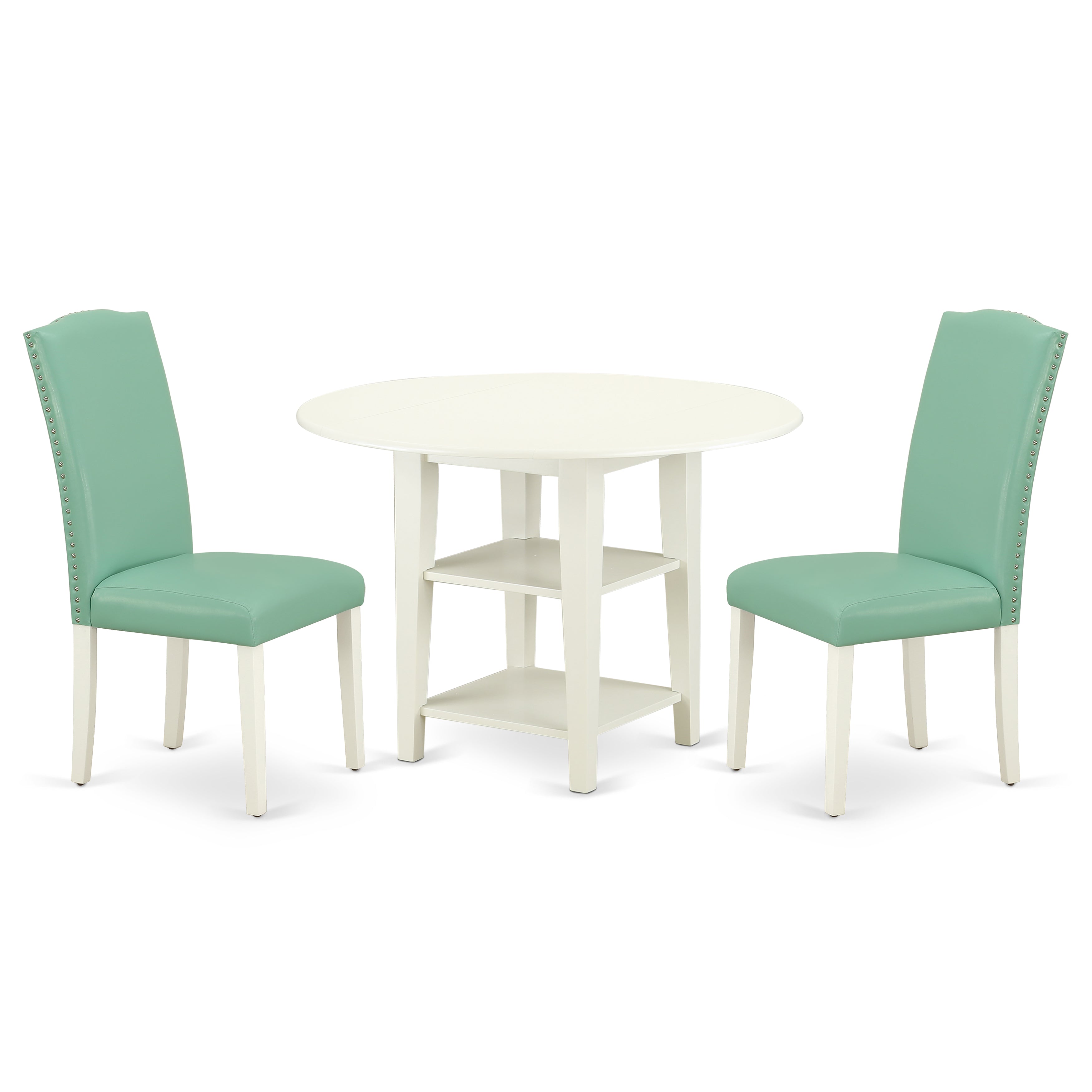 SUEN3-LWH-57 3Pc Rounded 20/42" Table With two 11-Inch Drop Leaves And 2 Parson Chair With Linen White Leg And Pu Leather Color Pond
