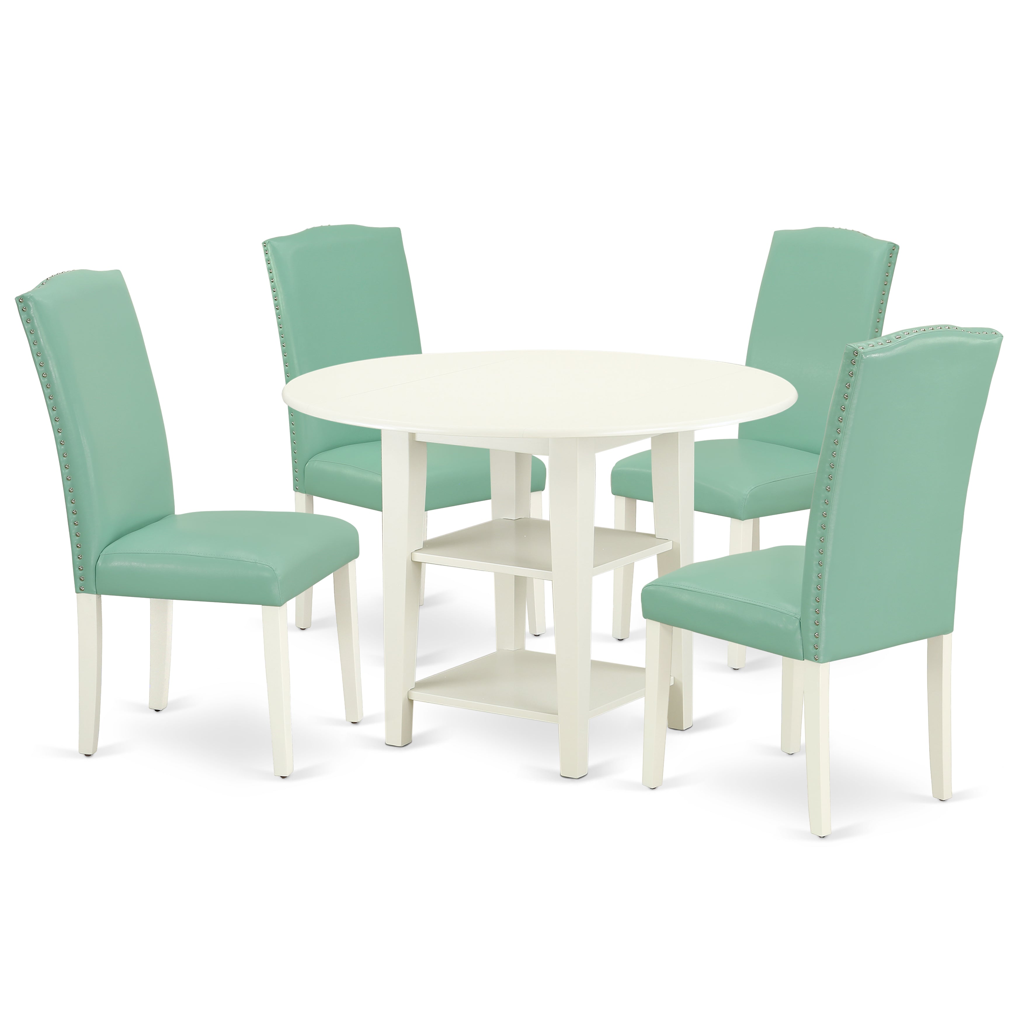 El juego de mesa de comedor de 5 piezas East West Furniture SUEN5-LWH-57 incluye una mesa de comedor redonda con hojas abatibles y estantes, y 4 sillas tapizadas de cuero sintético Pond.