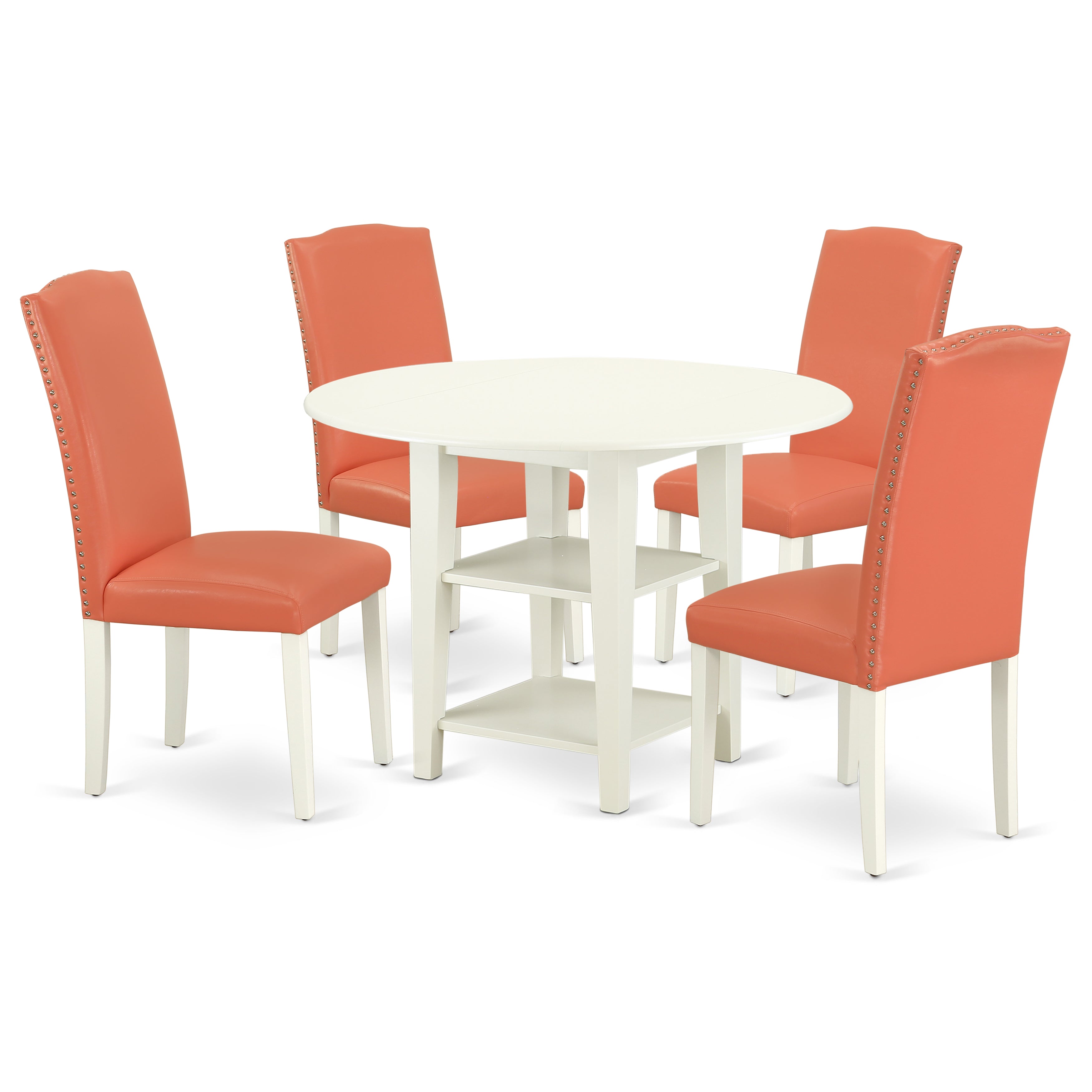 SUEN5-LWH-78 5Pc Round 20/42 Inch Dining Room Table With two 11-Inch-Inch Drop Leaves And Four Parson Chair With Linen White Leg And Pu Leather Color Pink Flamingo