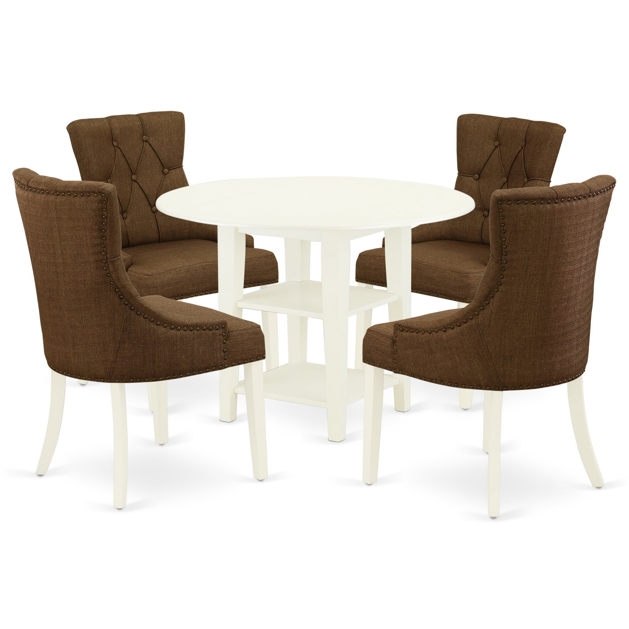 SUFR5-LWH-18 5Pc Dining Set Includes a Round Dining Table with Drop Leaves and Four Parson Chairs with Dark Coffee Fabric, Linen White Finish