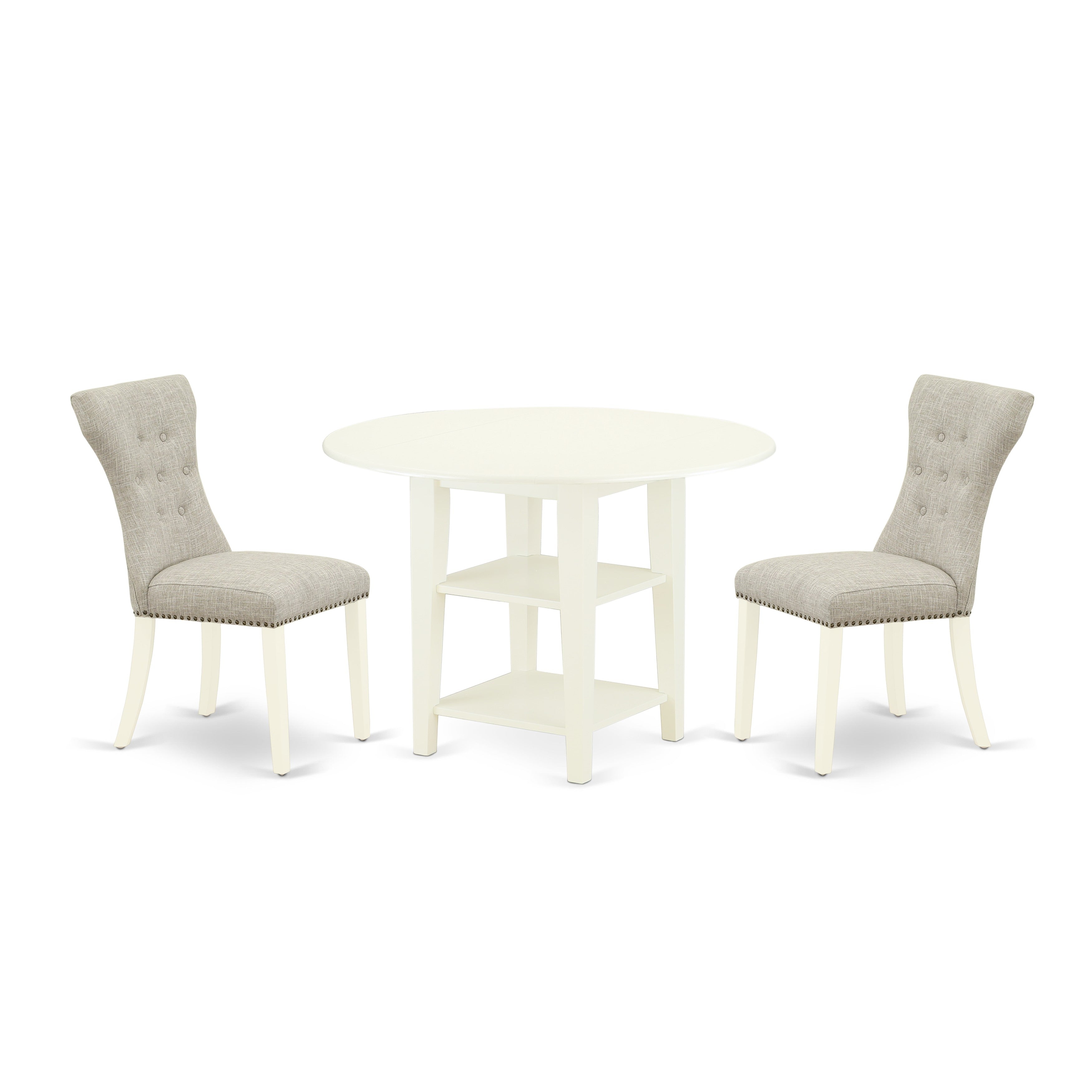 East West Furniture SUGA3-LWH-35 3-Piece Dining Set Included a Pedestal Dining Table with Two Shelves & 2 Parson Chairs, Doeskin Linen Fabric Upholstered Dining Chairs Seat with Rubber Wood Legs, Linen White Finish