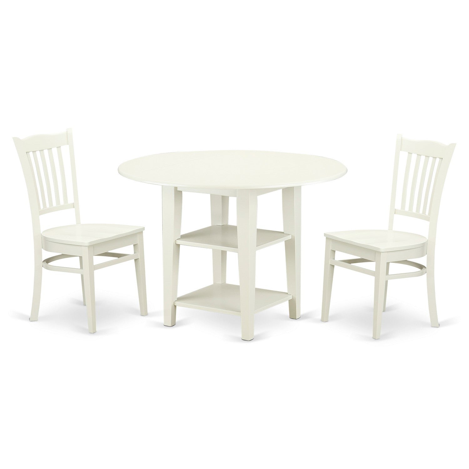 Juego de comedor de 3 piezas East West Furniture SUGR3-LWH-W. Incluye una mesa de cocina redonda con alas abatibles y estantes, y 2 sillas de comedor.