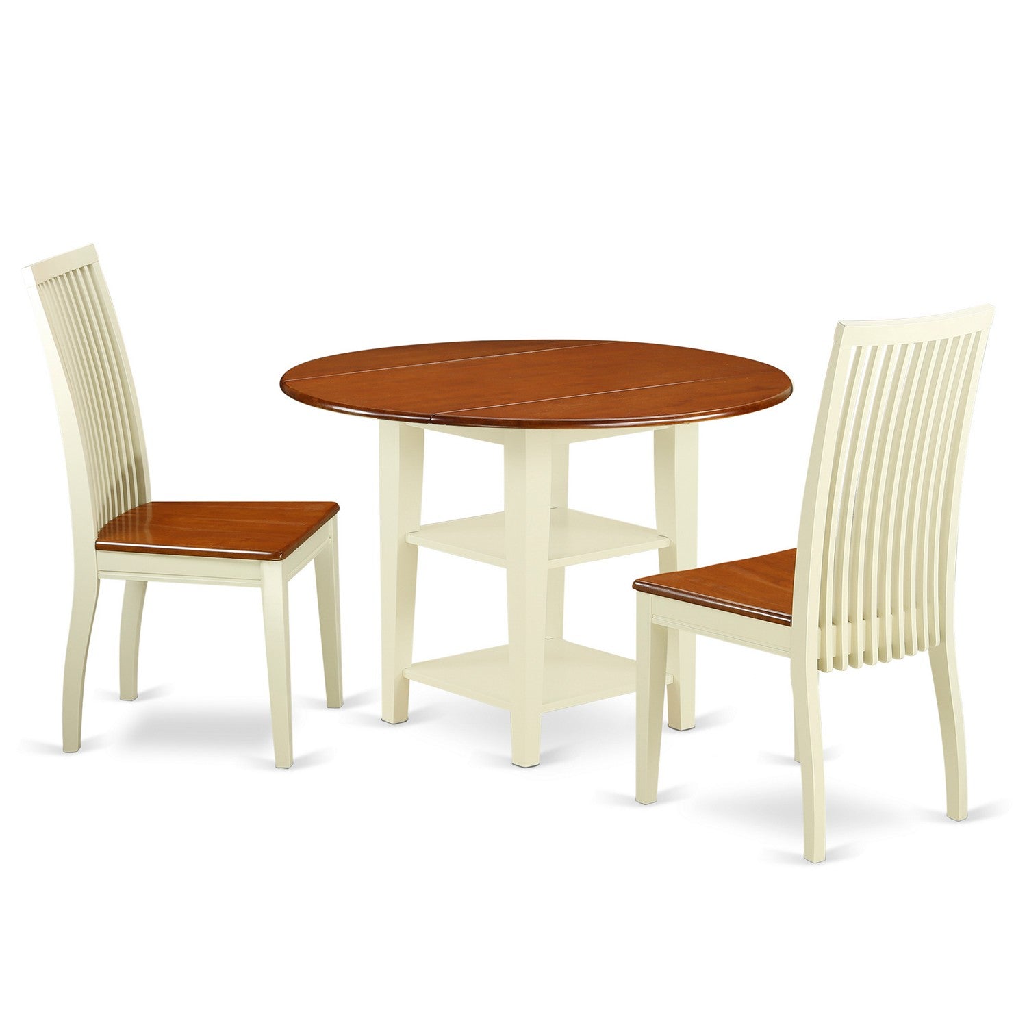 Juego de mesa y sillas de cocina de 3 piezas East West Furniture SUIP3-BMK-W. Incluye una mesa de comedor redonda con alas abatibles y estantes, y 2 sillas de comedor.
