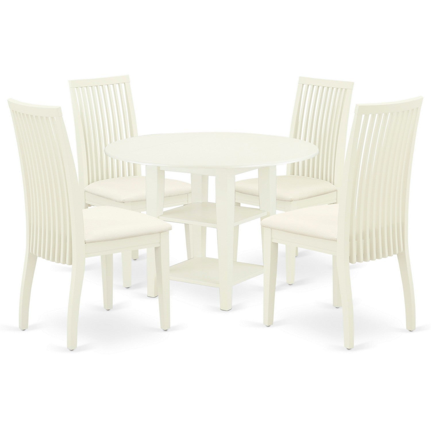 SUIP5-LWH-C 5Pc Dining Set Includes a Round Dining Table with Drop Leaves and Four Linen seat Dining Chairs, Linen White Finish