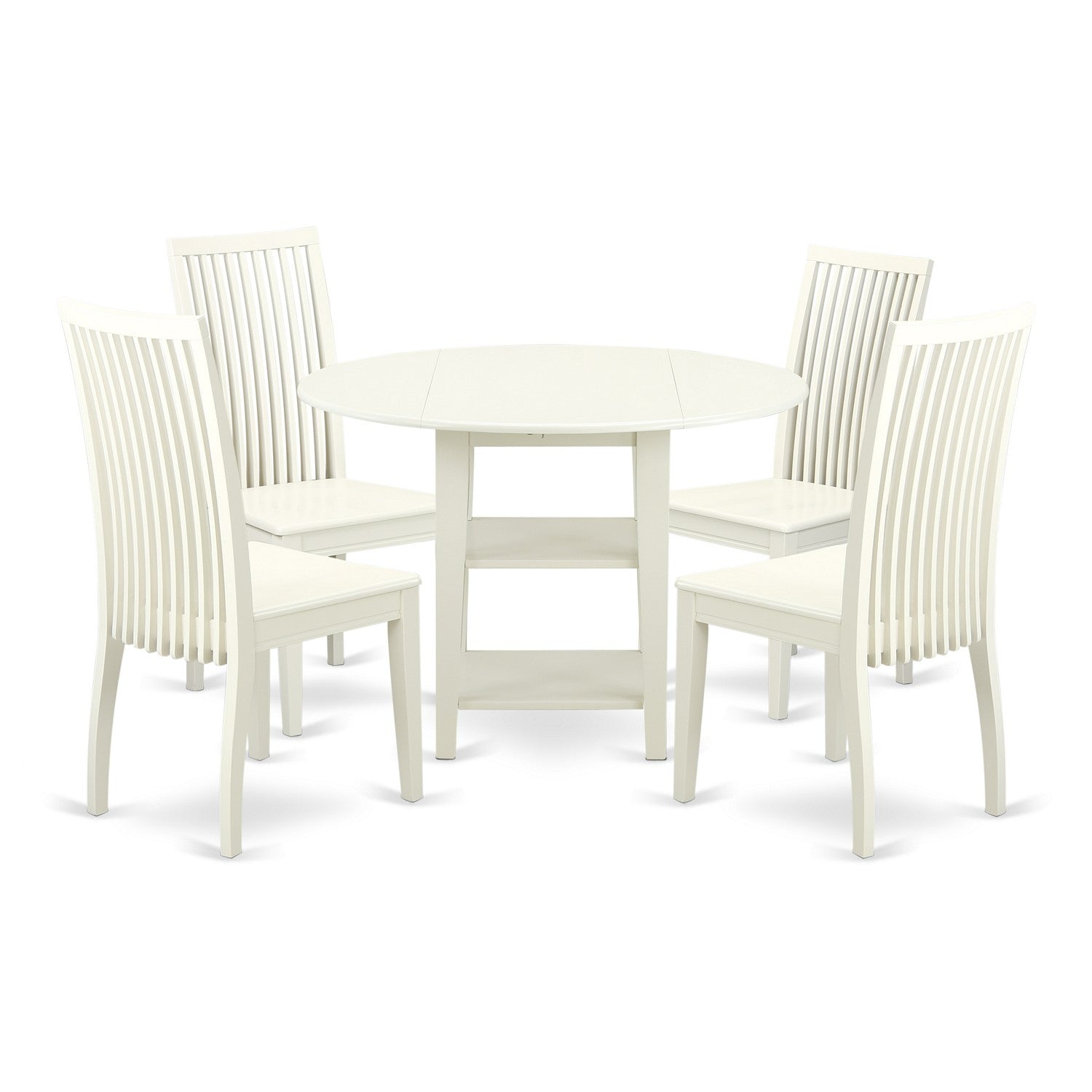SUIP5-LWH-W 5 Piece Sudbury Set With One Round Dinette Table And four Dinette Chairs With Solid Wood Seat In A Rich Linen White Finish.