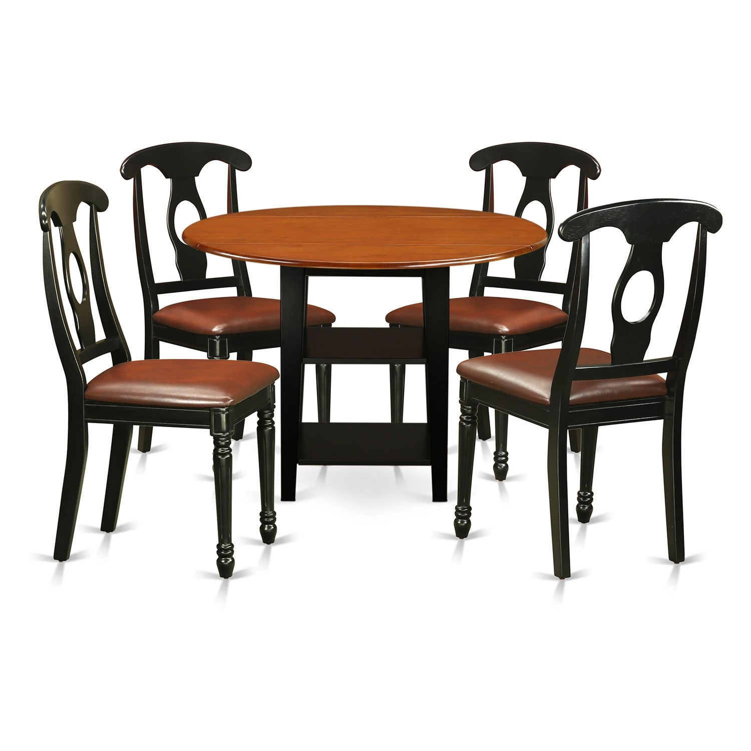 Juego de mesa de comedor de 5 piezas East West Furniture SUKE5-BCH-LC para 4 personas. Incluye una mesa de cocina redonda con alas abatibles y estantes, y 4 sillas de comedor de cocina de cuero sintético.
