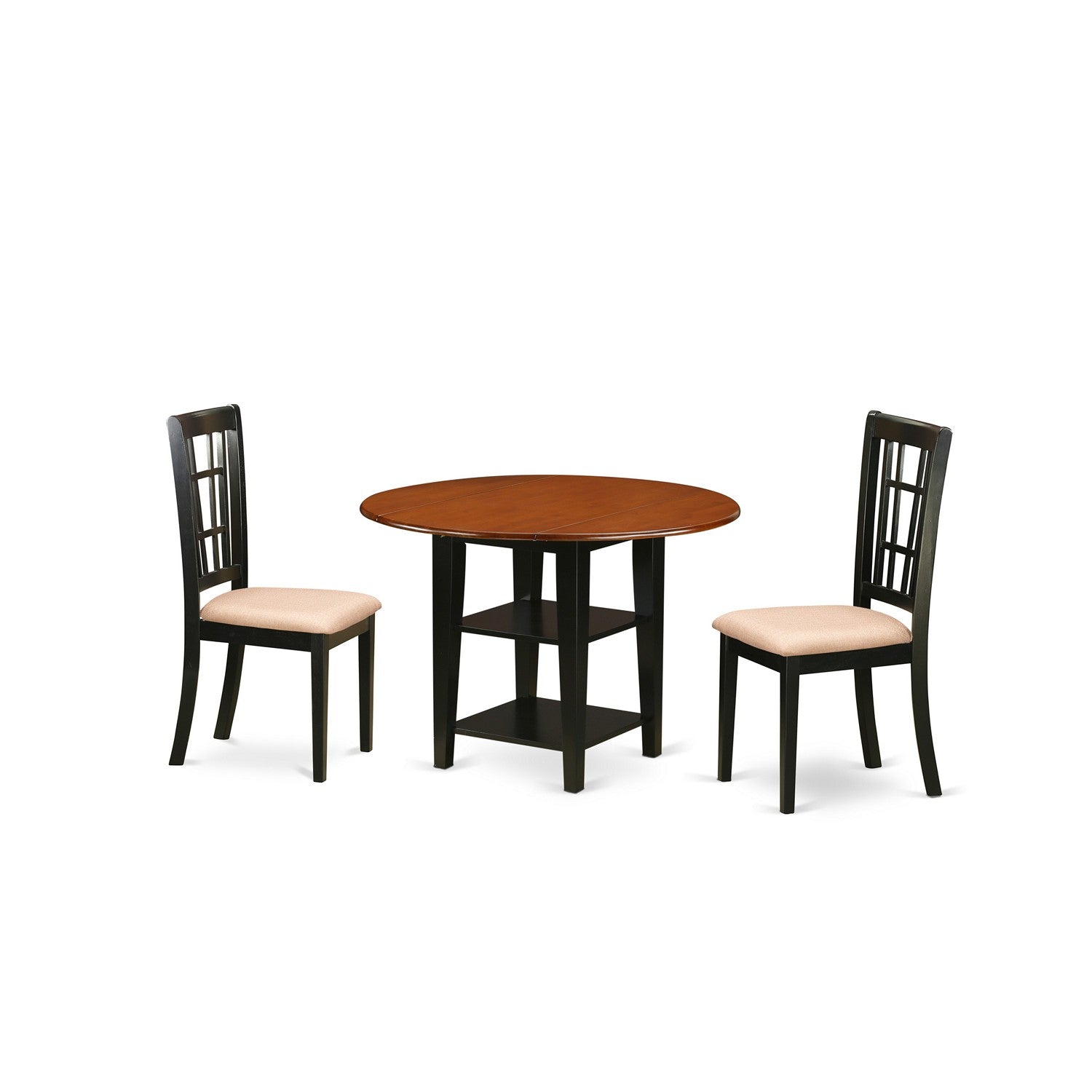 El juego de mesa de cocina de 3 piezas SUNI3-BCH-C de East West Furniture incluye una mesa de comedor redonda con alas abatibles y estantes, y dos sillas de comedor tapizadas en tela de lino.