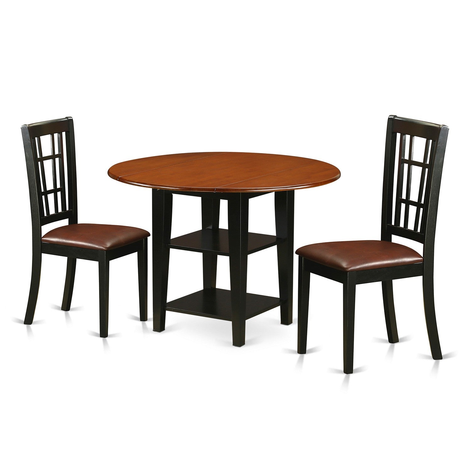 SUNI3-BCH-LC 3 Piece Sudbury Set With One Round Dinette Table And 2 Dinette Chairs With Faux Leather Seat In A Rich Black and Cherry Finish.