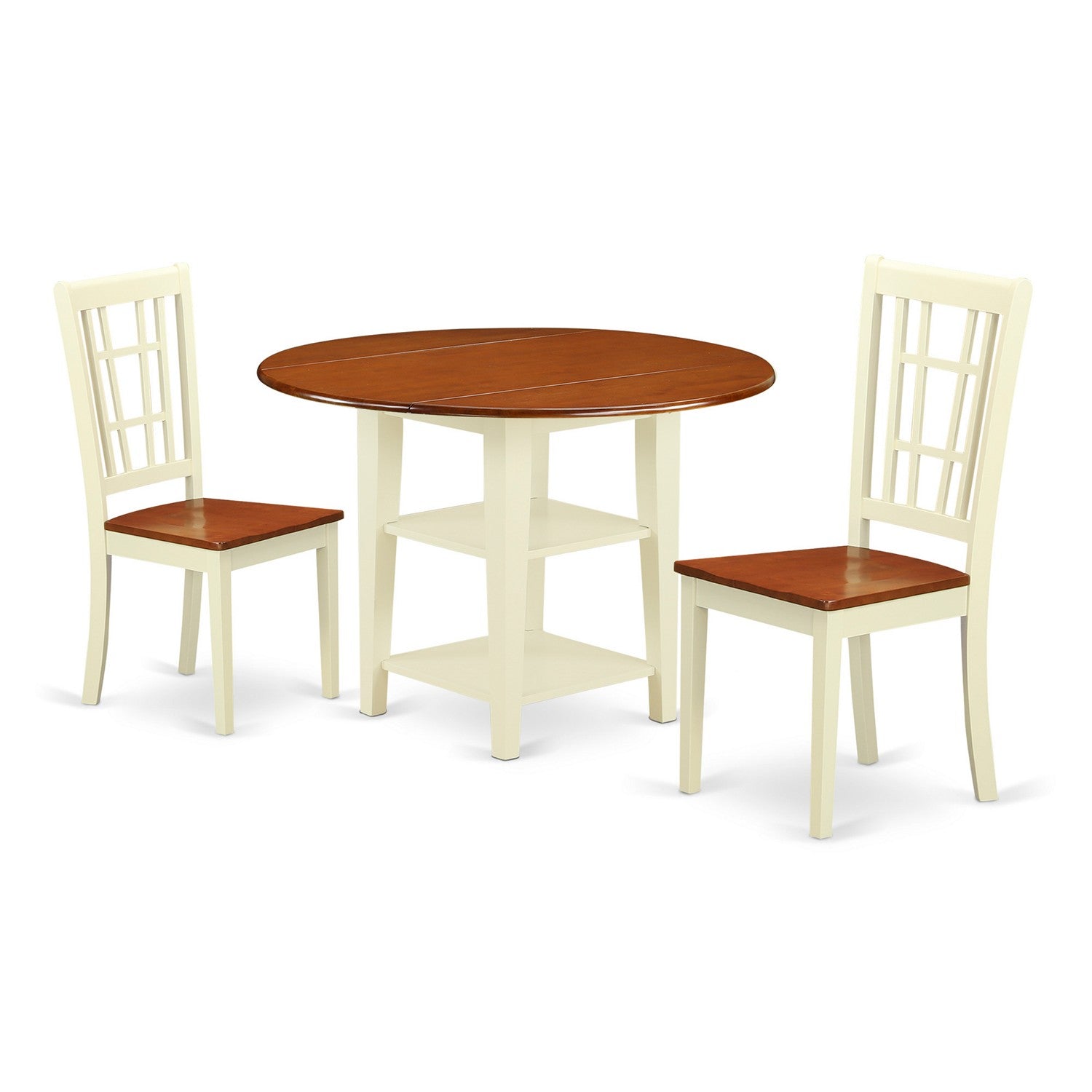 Juego de mesa de cocina de 3 piezas East West Furniture SUNI3-BMK-W para espacios pequeños. Contiene una mesa de comedor redonda con hojas abatibles y estantes, y 2 sillas de comedor.