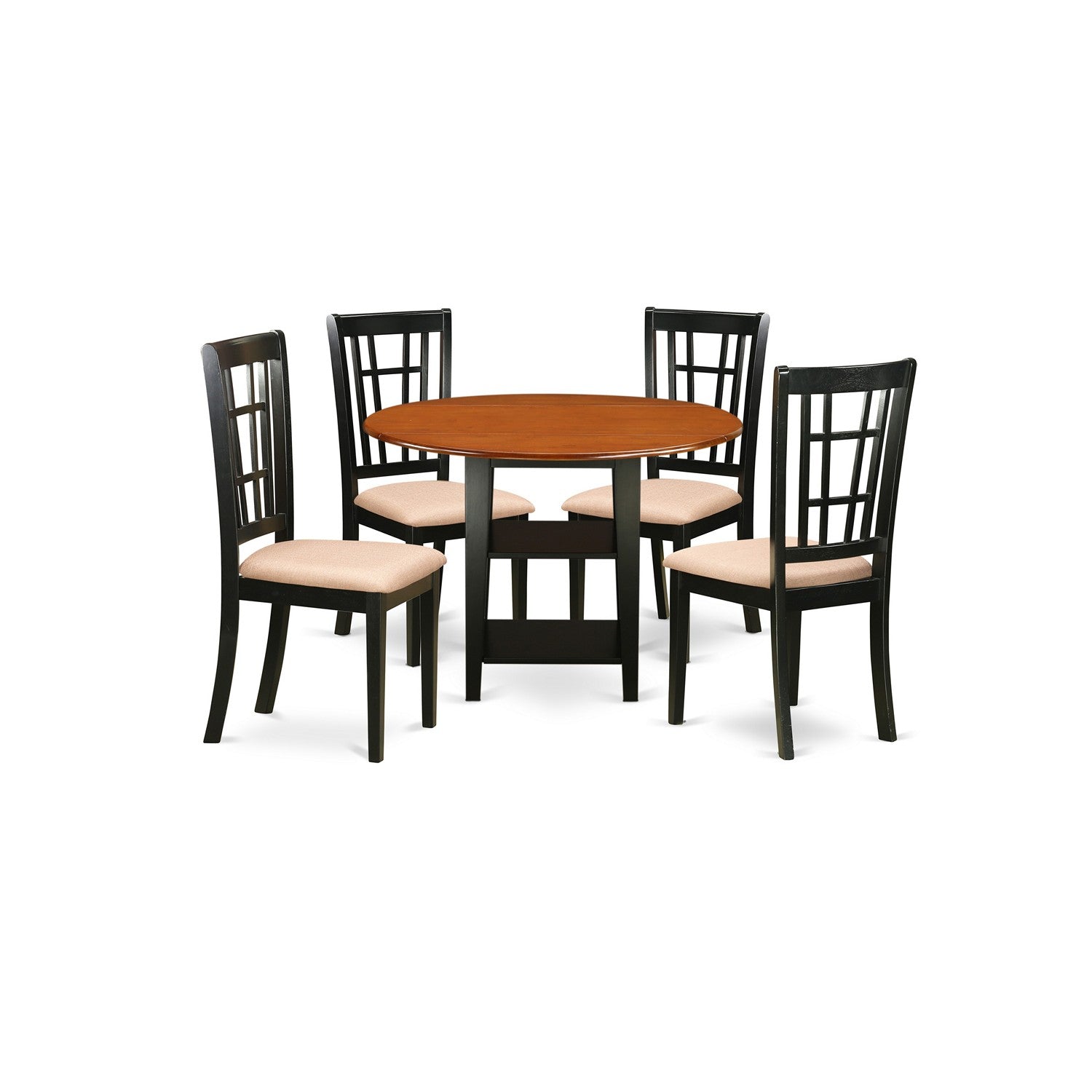 Juego de comedor de 5 piezas SUNI5-BCH-C de East West Furniture. Incluye una mesa de comedor redonda con alas abatibles y estantes, y 4 sillas tapizadas en tela de lino.