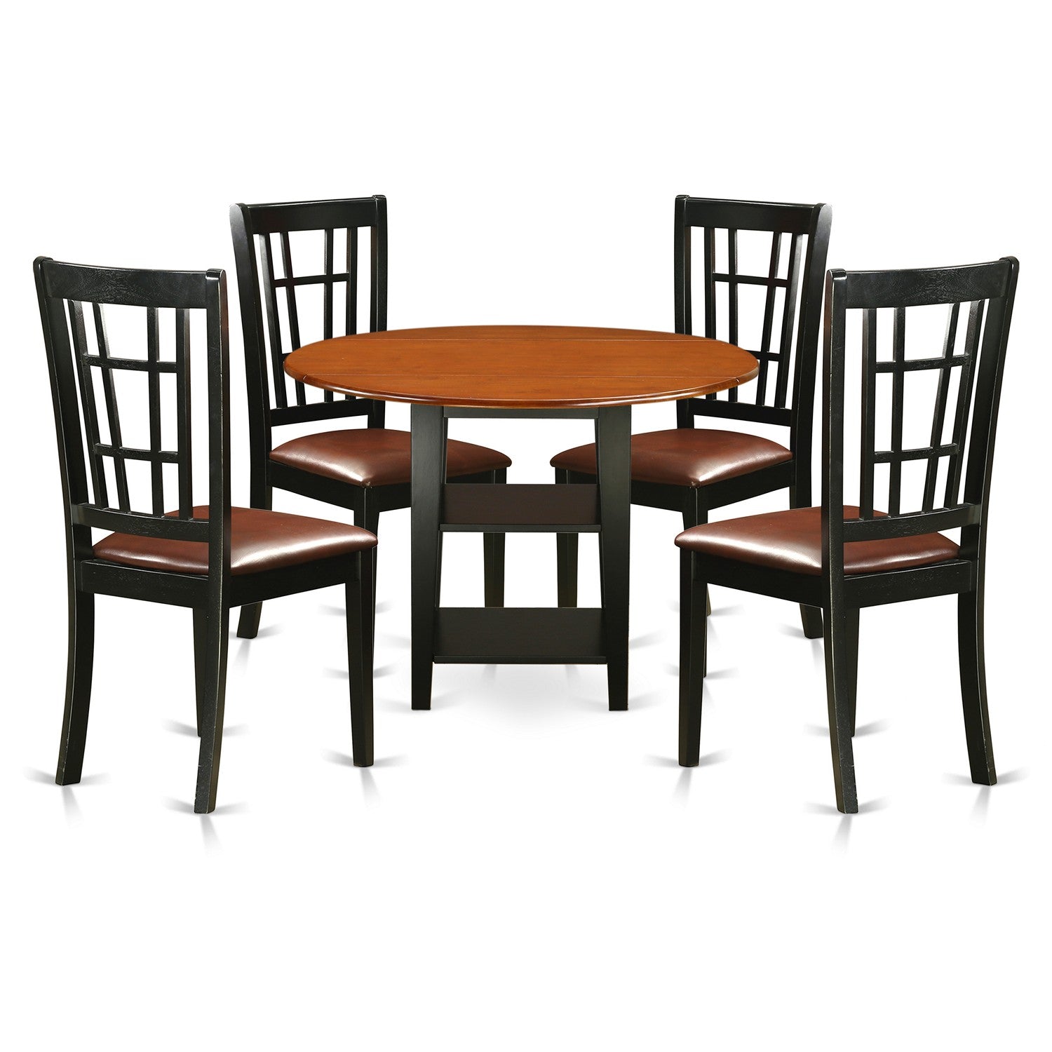 Juego de mesa de comedor de 5 piezas East West Furniture SUNI5-BCH-LC para 4 personas. Incluye una mesa de cocina redonda con alas abatibles y estantes, y 4 sillas de comedor de cocina de cuero sintético.