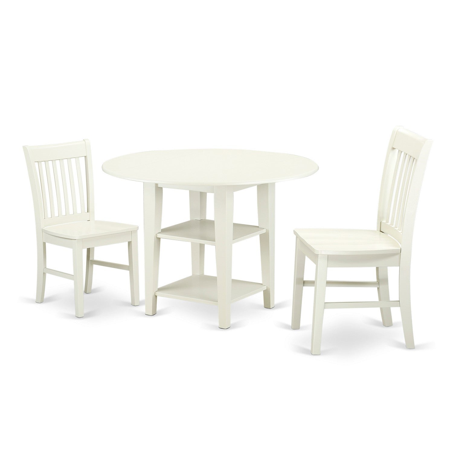 Juego de comedor de 3 piezas East West Furniture SUNO3-LWH-W. Incluye una mesa de cocina redonda con alas abatibles y estantes, y 2 sillas de comedor.