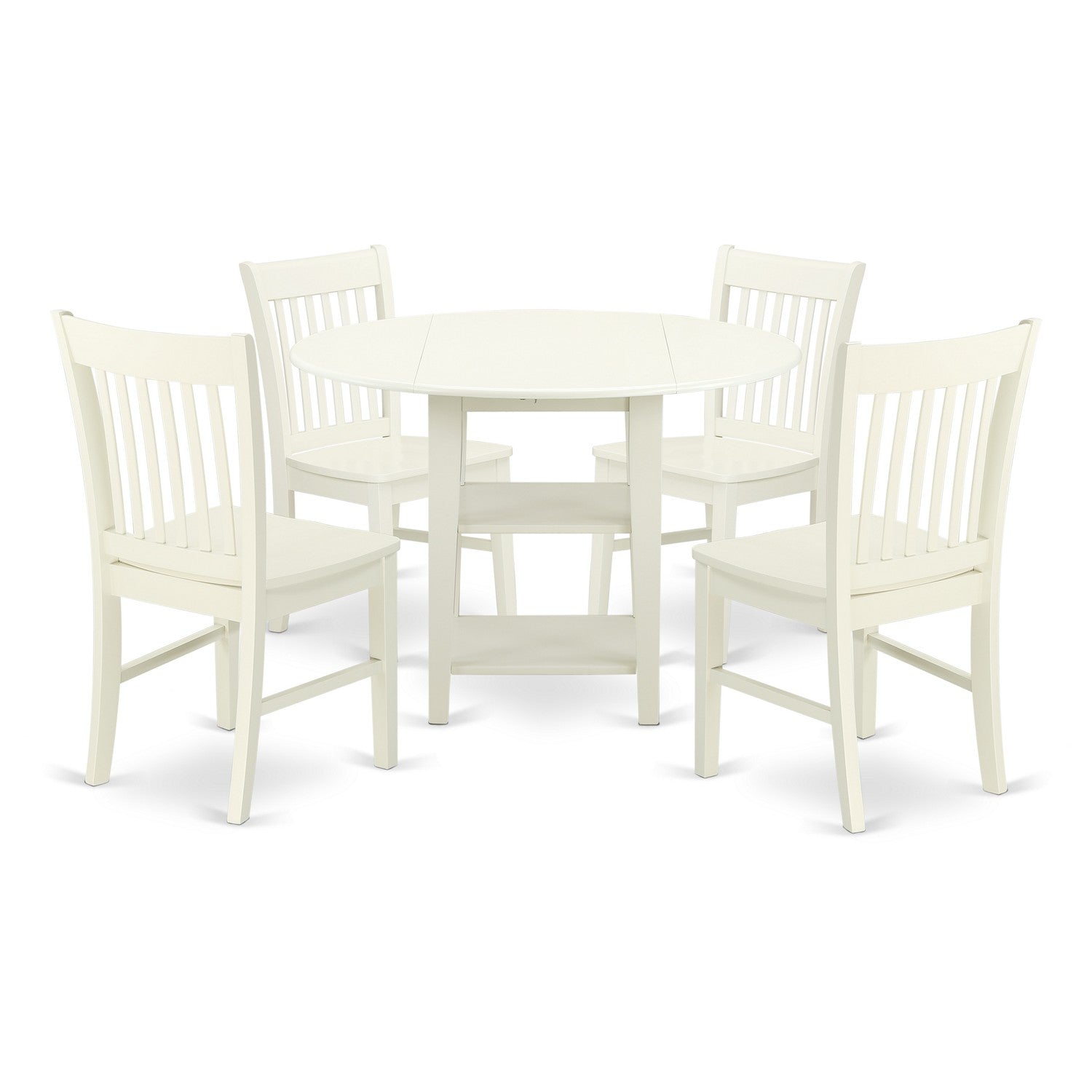 SUNO5-LWH-W 5 Piece Sudbury Set With One Round Dinette Table And Four Dinette Chairs With Wood Seat In A Elegant Linen White Finish.