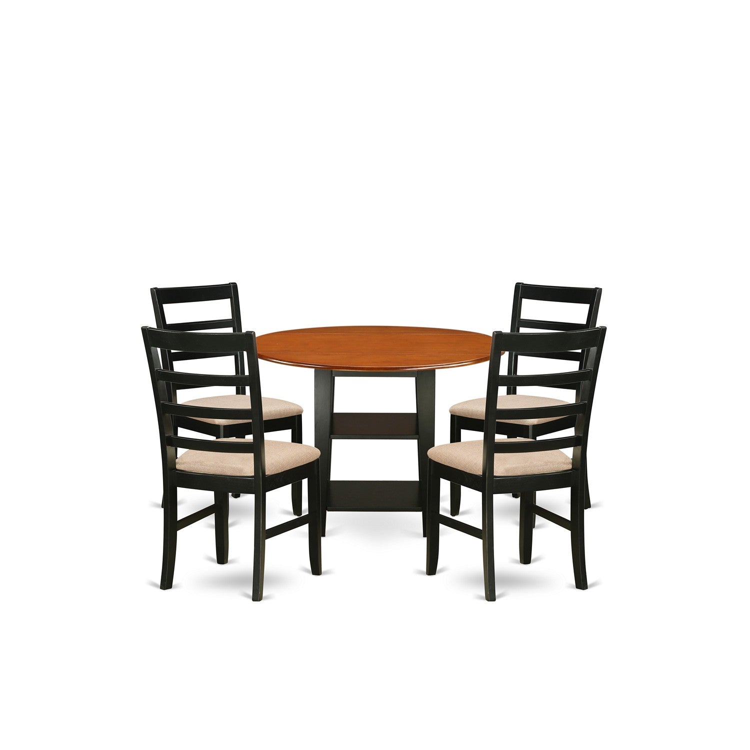 Juego de mesa y sillas de cocina de 5 piezas SUPF5-BCH-C de East West Furniture. Incluye una mesa de comedor redonda con alas abatibles y estantes, y 4 sillas de comedor de tela de lino.