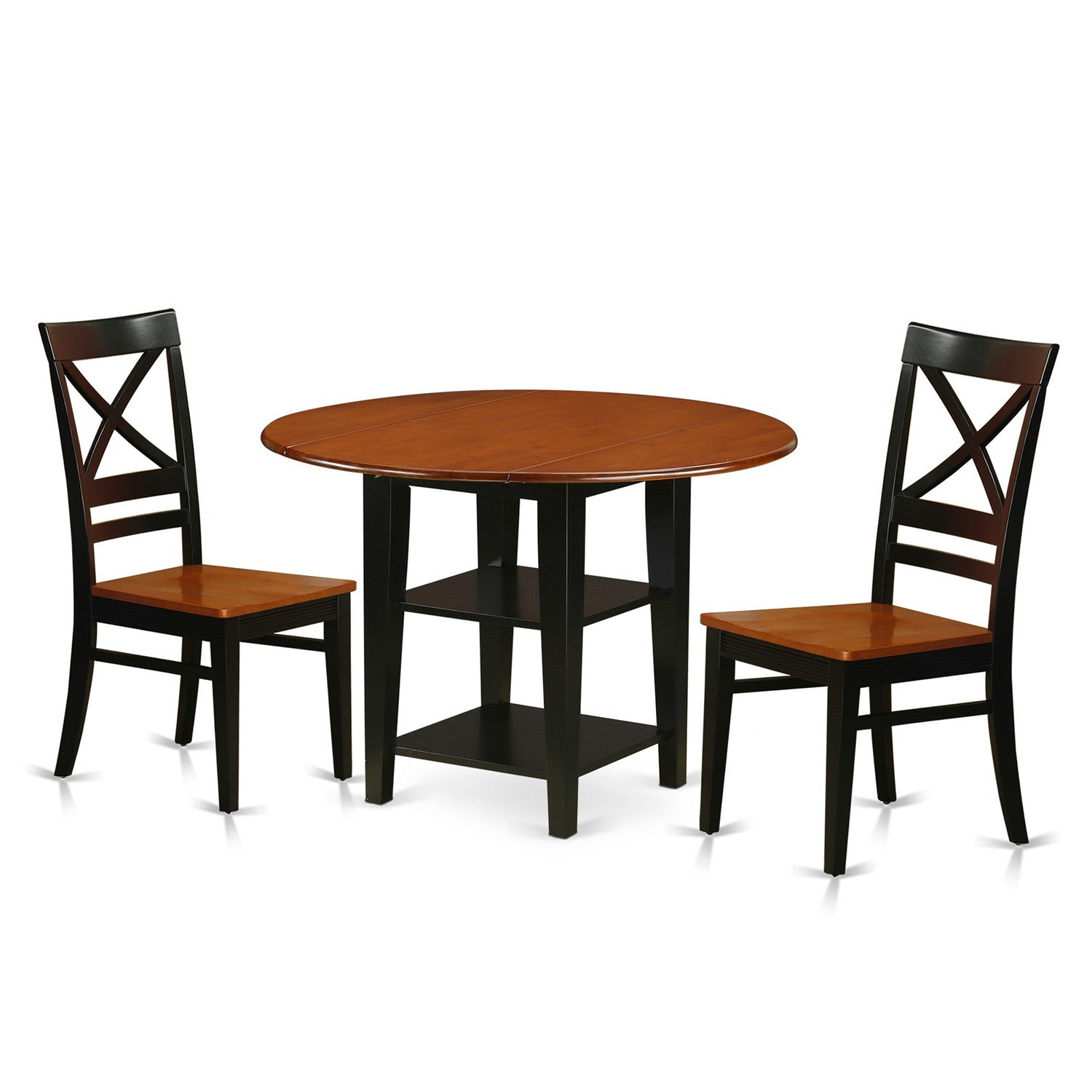 Juego de mesa de cocina de 3 piezas East West Furniture SUQU3-BCH-W para espacios pequeños. Incluye una mesa de comedor redonda con hojas abatibles y estantes, y dos sillas con asiento de madera maciza.