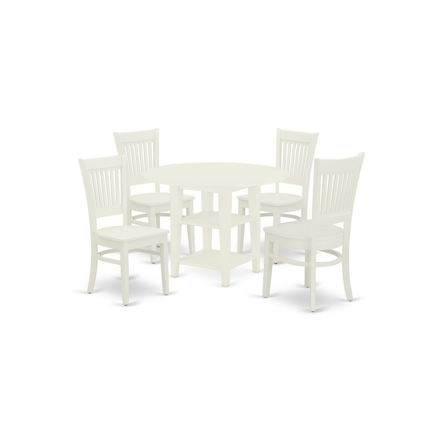 East West Furniture SUVA5-LWH-W 5-Piece Round Dining Table Set 4 Modern Dining Chairs with Slatted Back and a Wooden Seat and Drops Leaves Dining Table with Round Top and 4 Legs- Linen White Finish