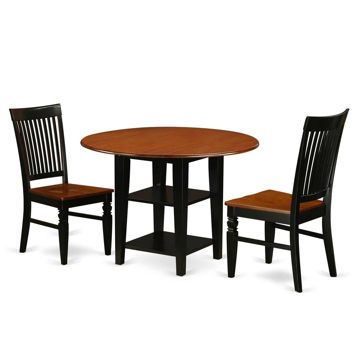 Juego de comedor de 3 piezas East West Furniture SUWE3-BCH-W. Incluye una mesa de cocina redonda con alas abatibles y estantes, y 2 sillas de comedor.