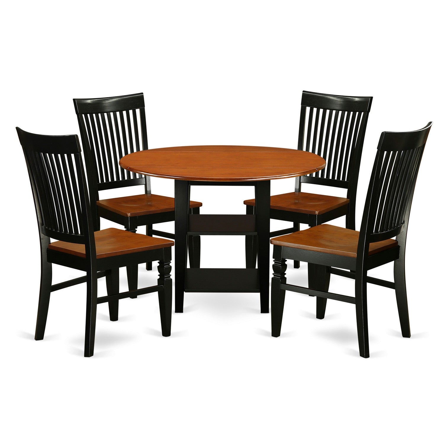 El juego de comedor de 5 piezas East West Furniture SUWE5-BCH-W incluye una mesa de comedor redonda con hojas abatibles y estantes, y 4 sillas de cocina.