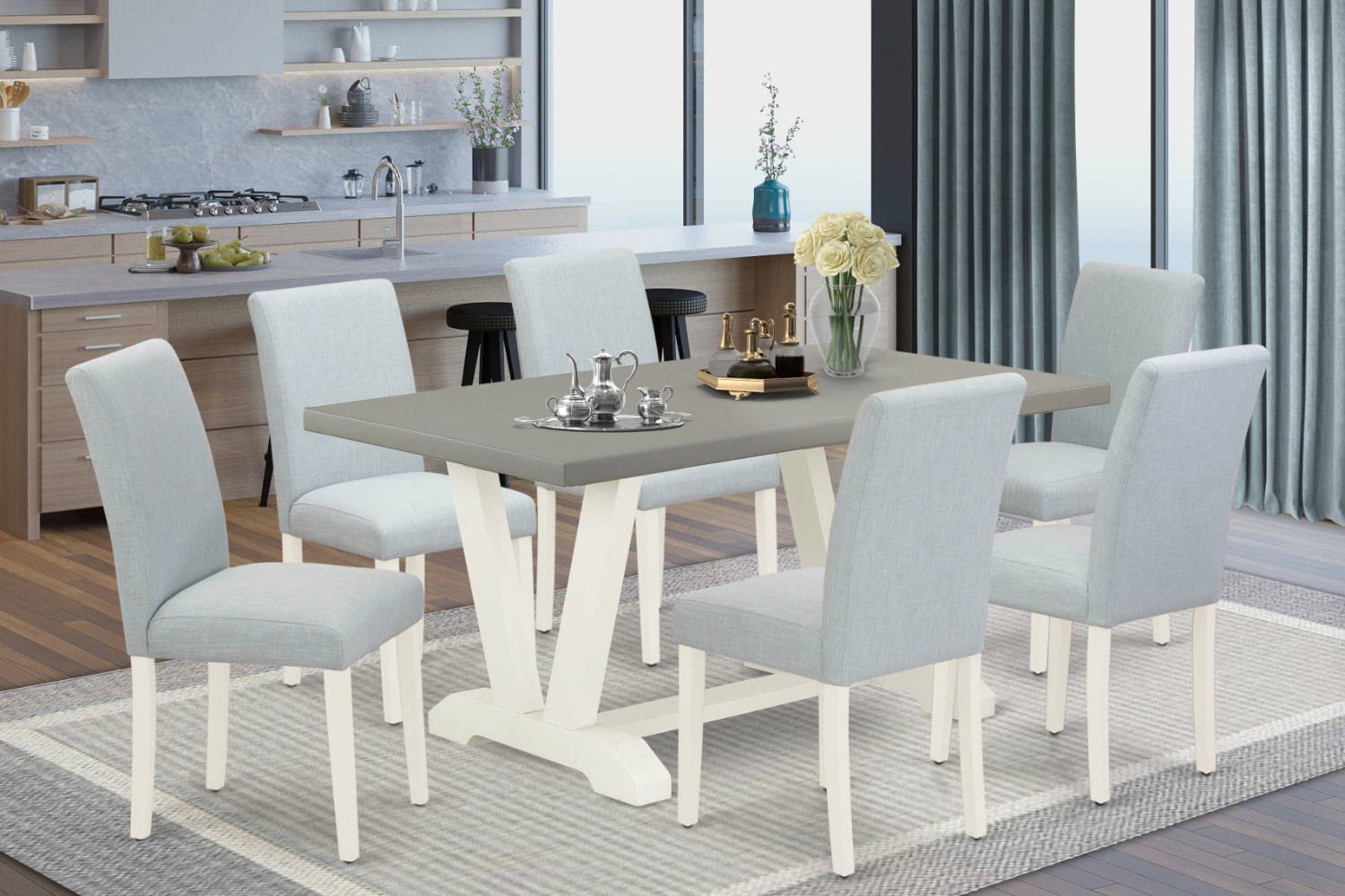 Juego de comedor East West Furniture V096AB015-7 de 7 piezas compuesto por una mesa de comedor rectangular con patas en V y 6 sillas Parson tapizadas en tela de lino azul bebé