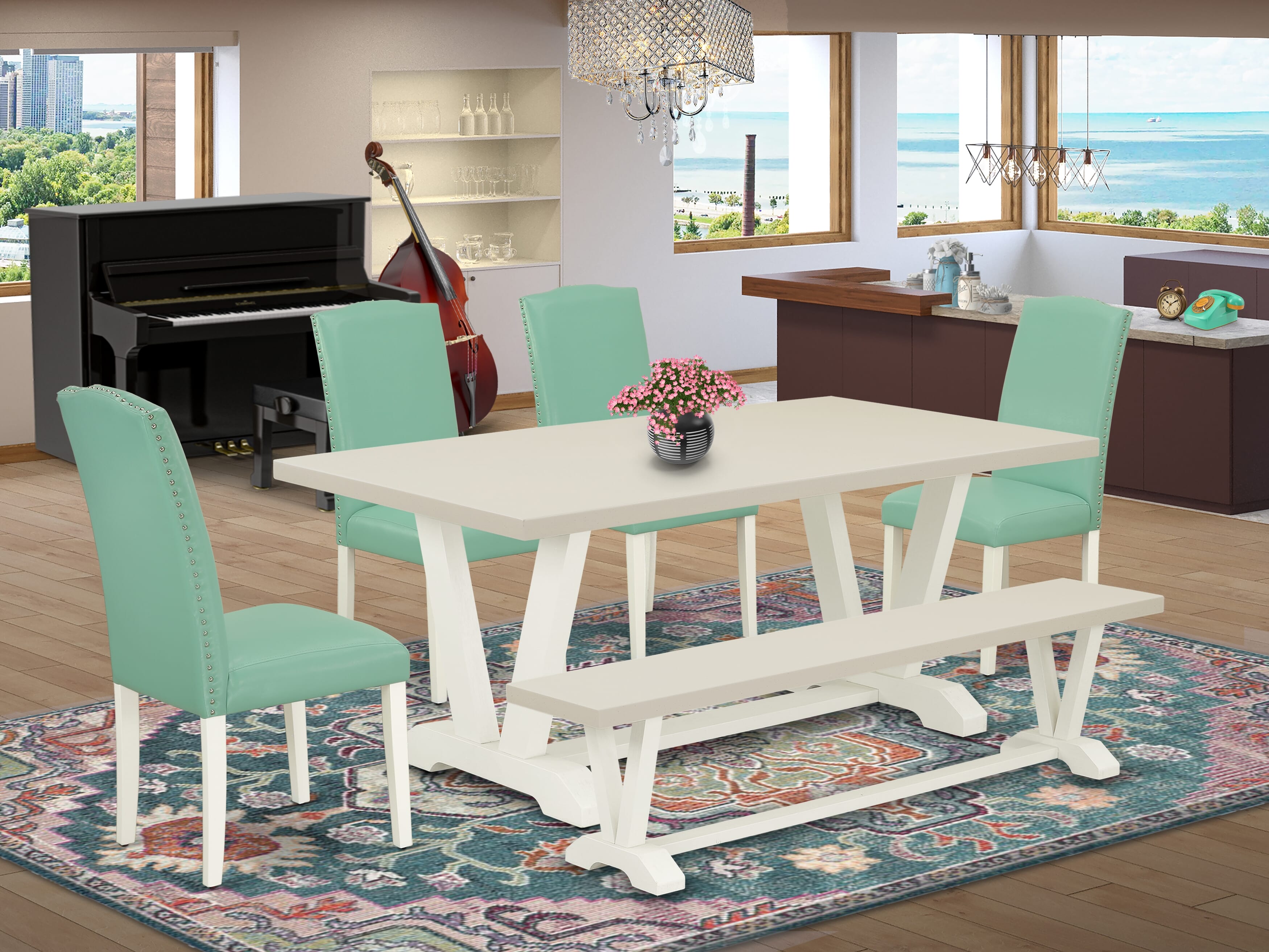 East West Furniture V027EN257-6 6 Piece Table Set Consists of a linen white Wooden Table and a Wooden Dining Bench, 4 Pond PU faux Leather Dinning Chairs with High Back - Wire Brushed linen white Finish