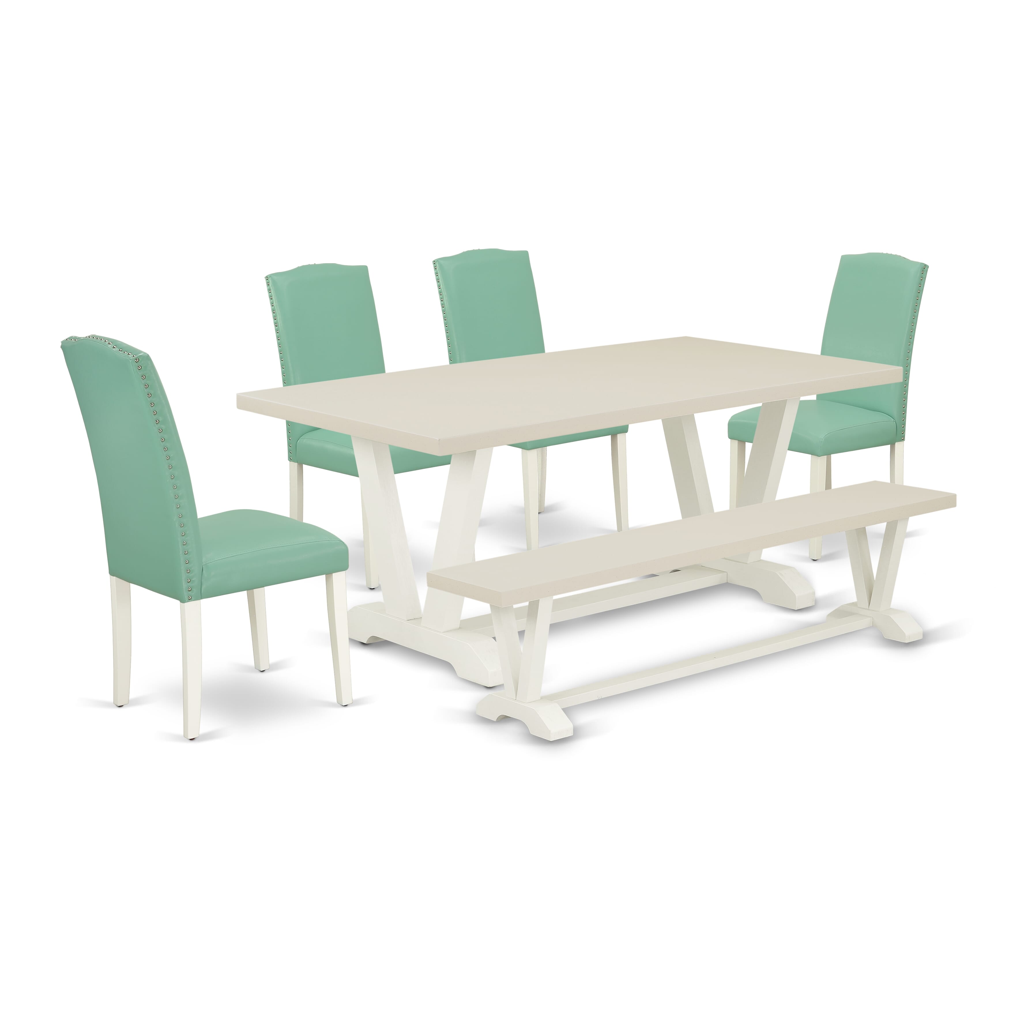 East West Furniture V027EN257-6 6 Piece Table Set Consists of a linen white Wooden Table and a Wooden Dining Bench, 4 Pond PU faux Leather Dinning Chairs with High Back - Wire Brushed linen white Finish