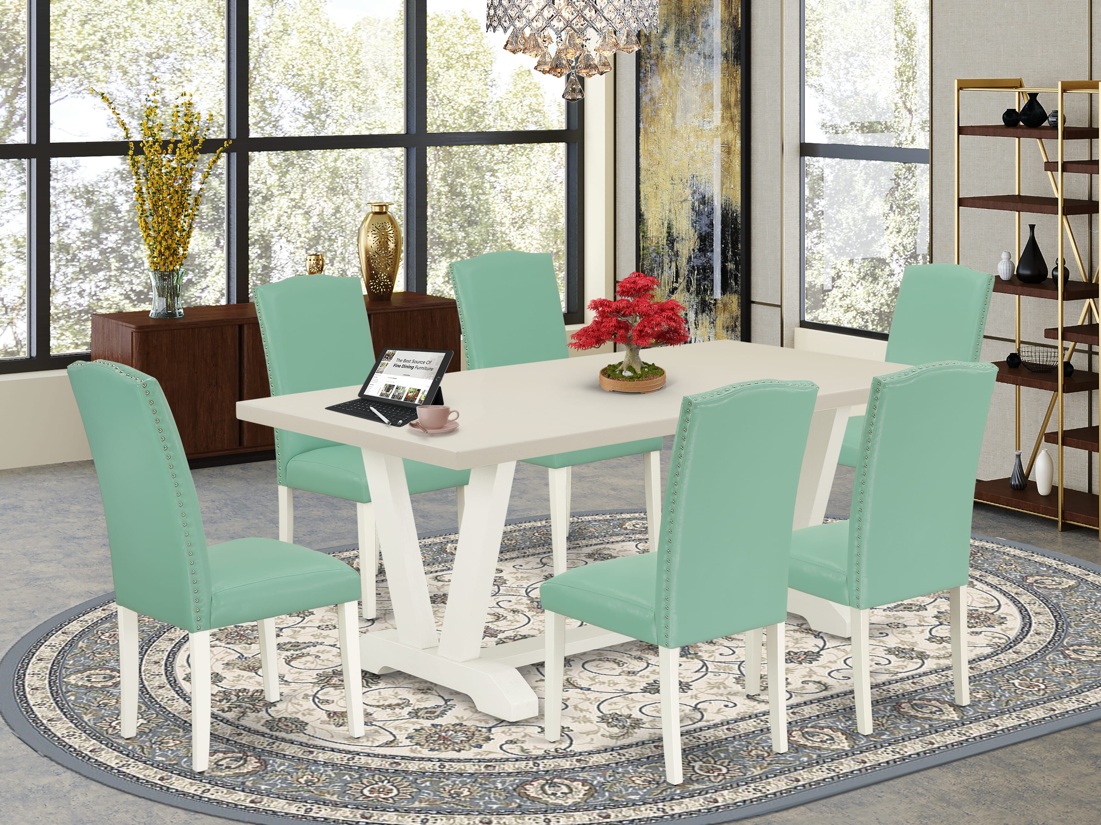 East West Furniture V027EN257-7 7 Piece Mid Century Dining Set Contains a linen white Rectangular Table and 6 Pond PU faux Leather Upholstered Chairs with High Back - Wire Brushed linen white Finish