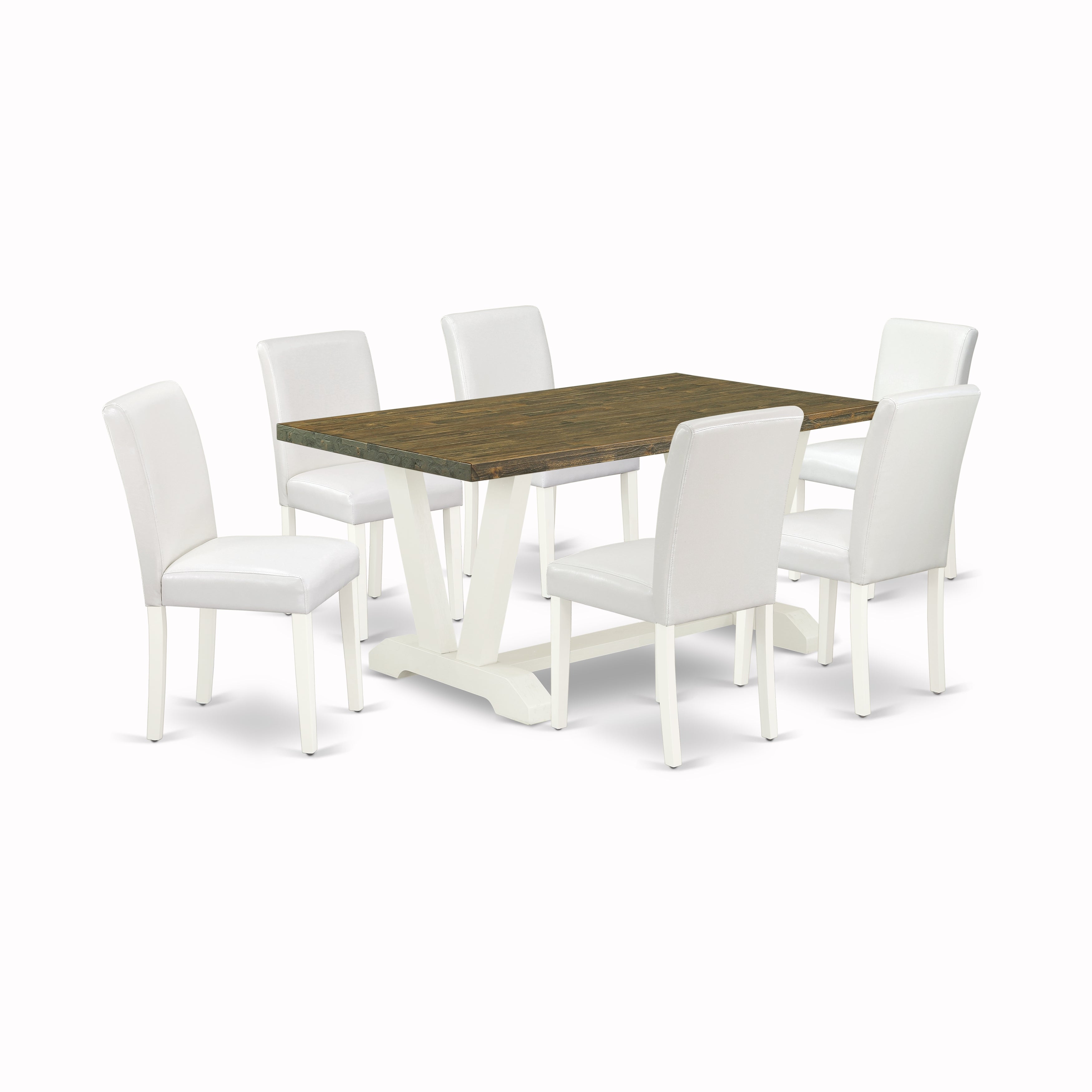 Juego de comedor de 7 piezas East West Furniture V076AB264-7 compuesto por una mesa de comedor rectangular con patas en V y 6 sillas tapizadas en piel sintética blanca.