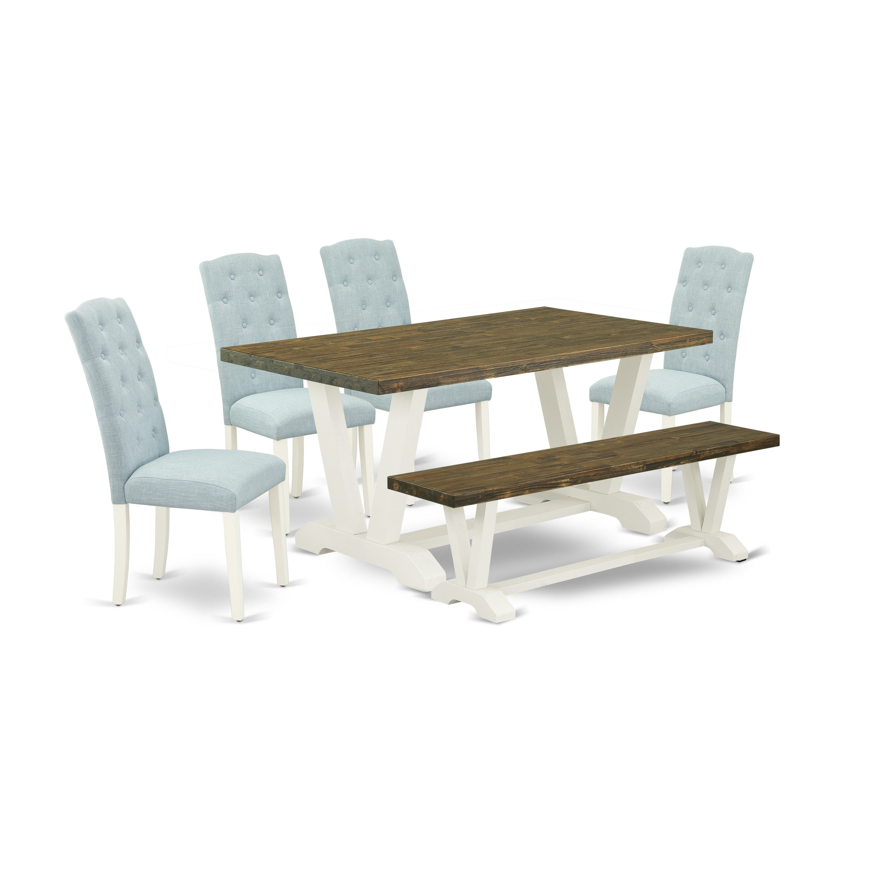 6-Piece Dining Room Set- 4 kitchen chairs with Baby Blue Linen Fabric Seat and Button Tufted Chair Back - Rectangular top & Wooden Legs Wood Dining Table and Dining Bench - Distressed Jacobean and linen white Finish