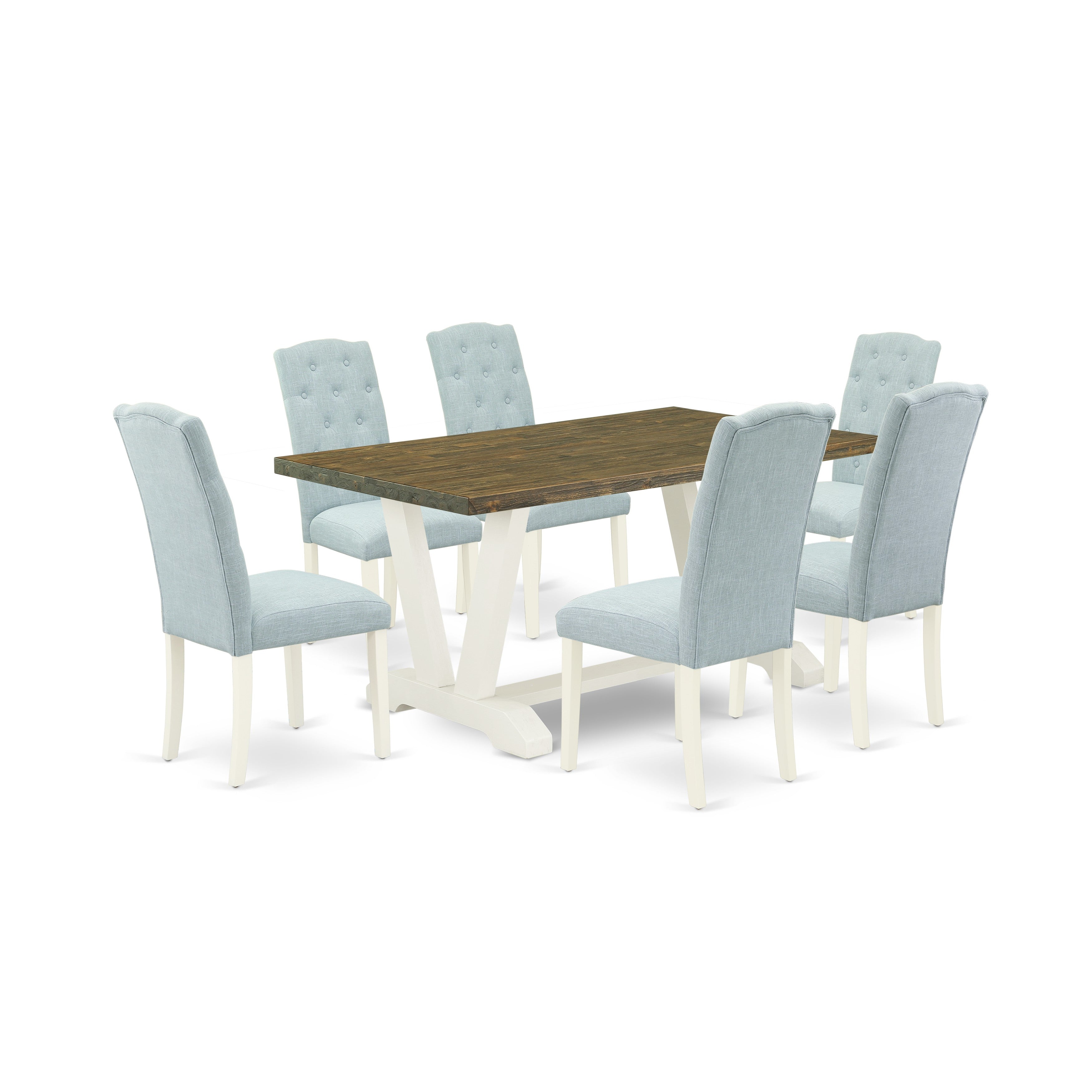 Juego de mesa de comedor moderna East West Furniture V076CE215-7 de 7 piezas compuesto por una mesa rectangular de madera con patas en V y 6 sillas de comedor Parson de tela de lino azul bebé.