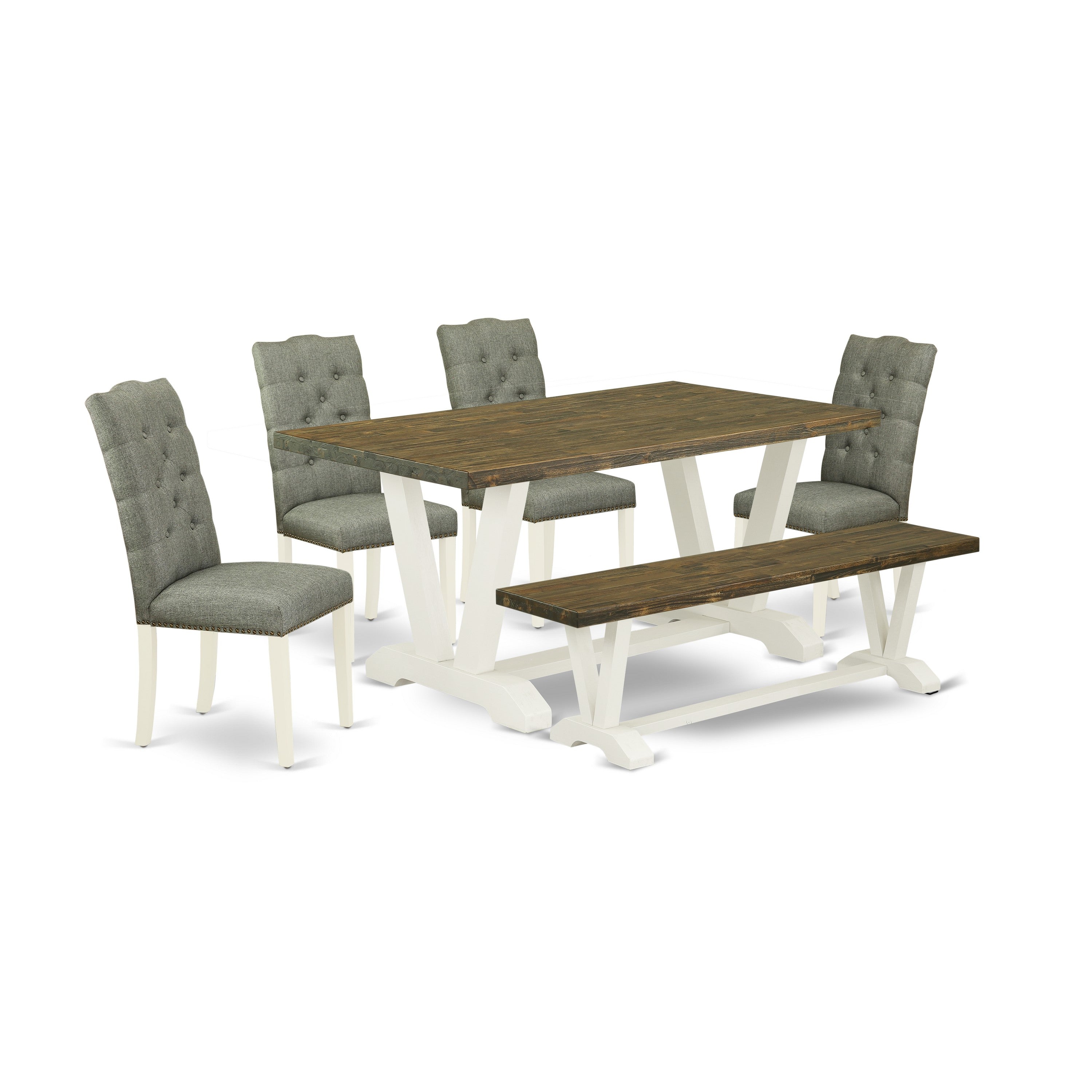 V076EL207-6 6-Piece Dining Table Set- 4 Smoke Linen Fabric Parson Dining Chairs with Button Tufted Back - A Wood Dining Table and Wooden Bench (linen white Finish)