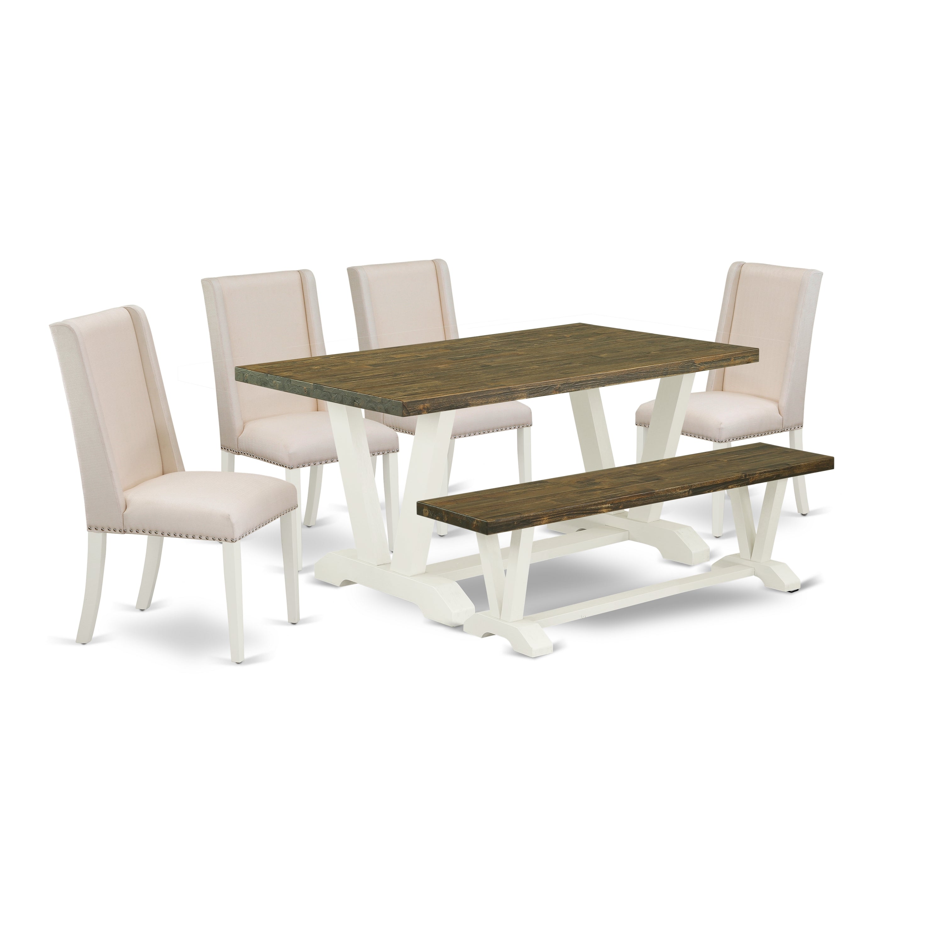 Juego de comedor de 6 piezas East West Furniture V076FL201-6. Contiene una mesa de comedor rectangular con patas en V y 4 sillas Parson de tela de lino color crema con un banco.