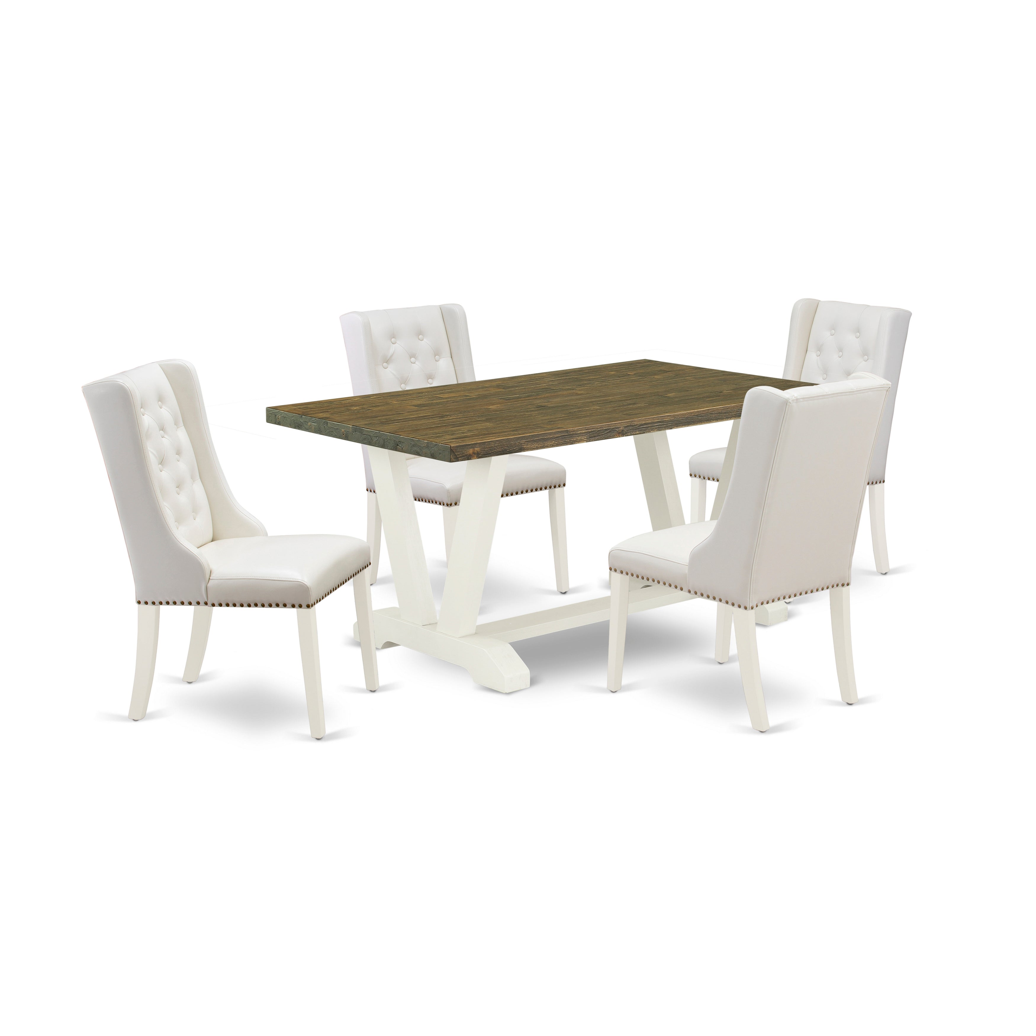 East West Furniture V076FO244-5 5-Pc Dining Table Set Contains 4 Linen white Pu faux Leather Upholstered Dining Chairs Button Tufted with Nailheads and Dining Table - linen white Finish