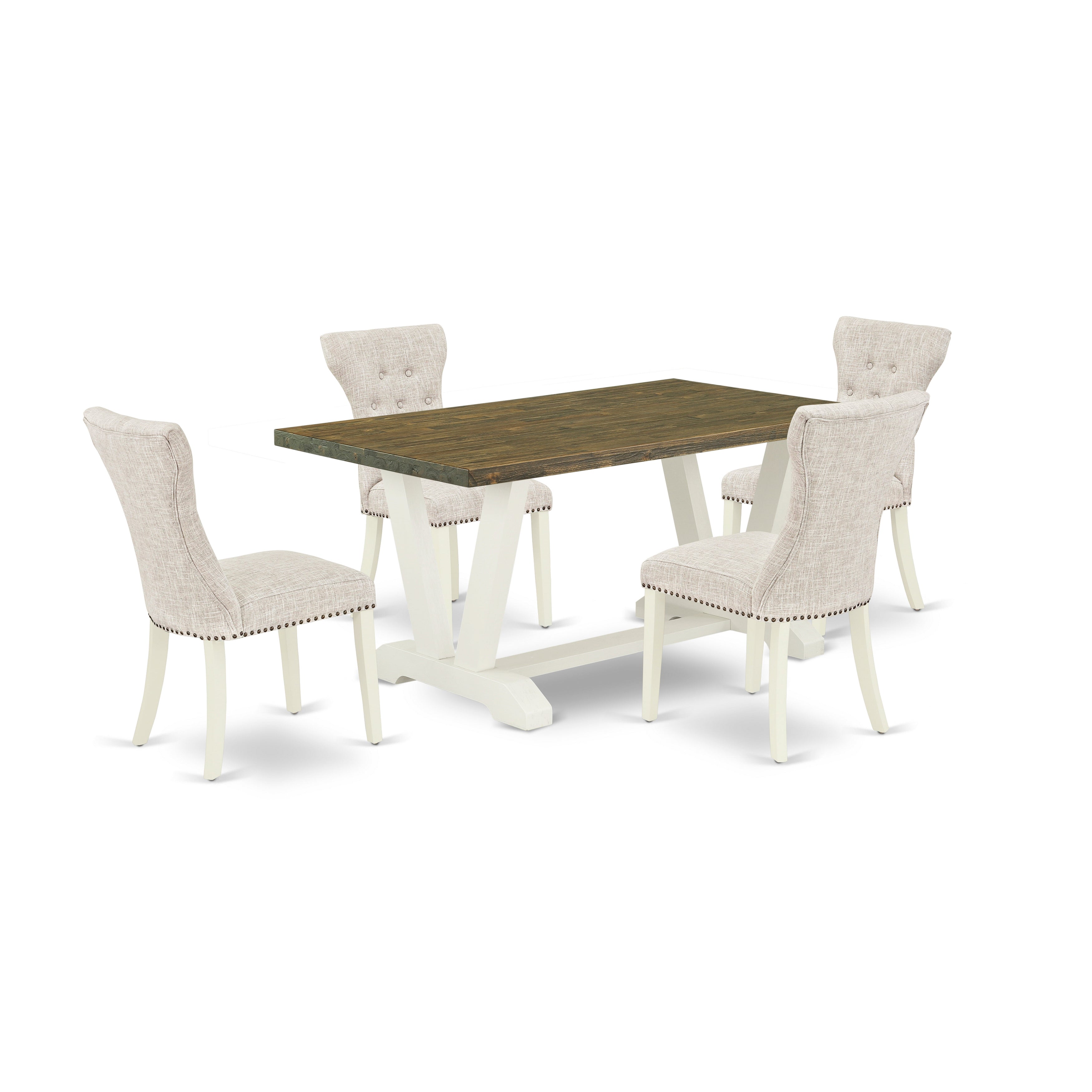 East West Furniture V076GA235-5 5-Pc rectangular Dinette SetIncluded 4 Parson Dining chairs Upholstered Nails Head Seat and High Button Tufted Chair Back and Rectangular Table with Distressed Jacobean Dining room Table top (linen white Finish)