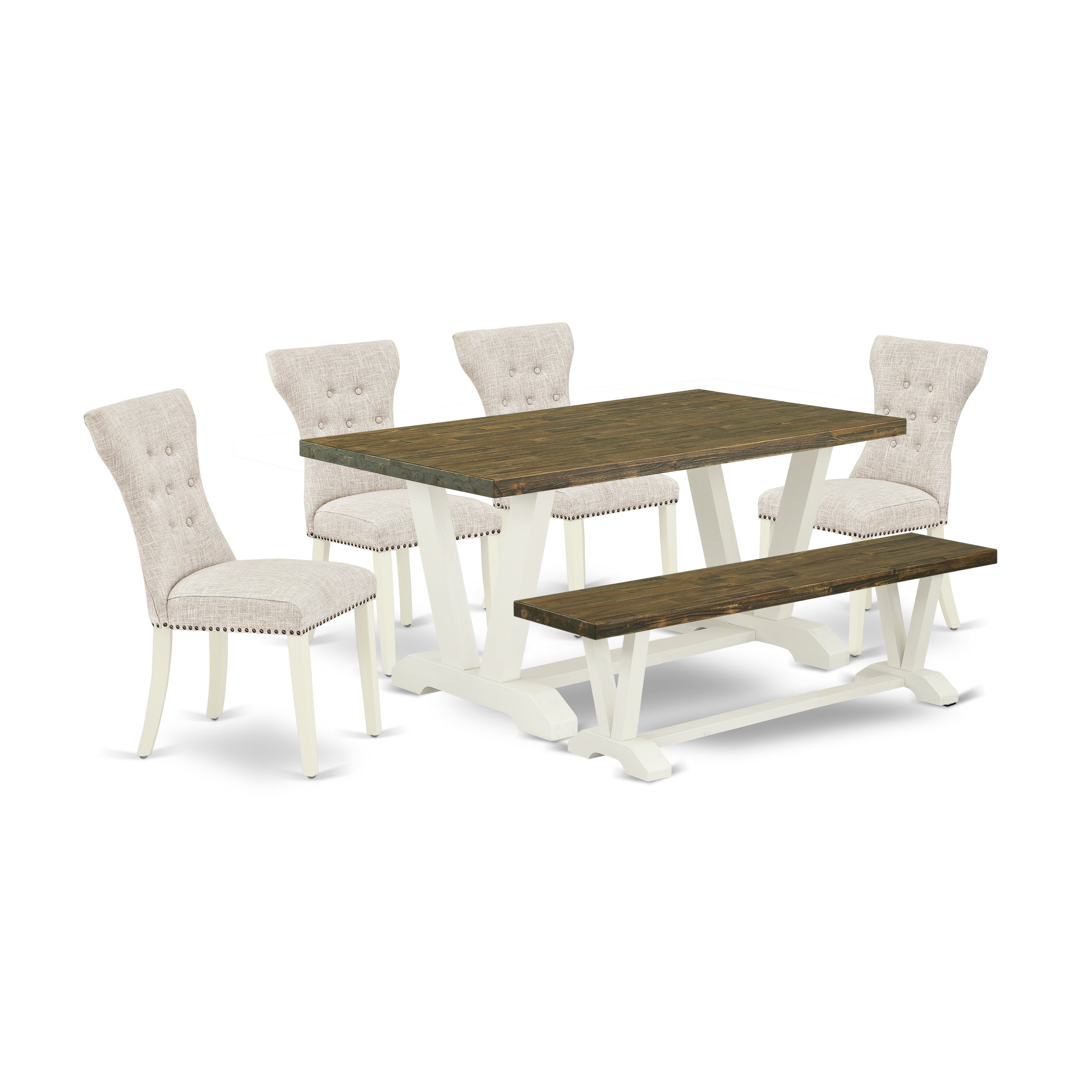 V076GA235-6 6-Piece kitchen table set-Doeskin Linen Fabric Seat and Button Tufted Chair Back Parson chairs, A Rectangular Bench and Rectangular top Dining Table with Wood Legs - Distressed Jacobean and linen white Finish