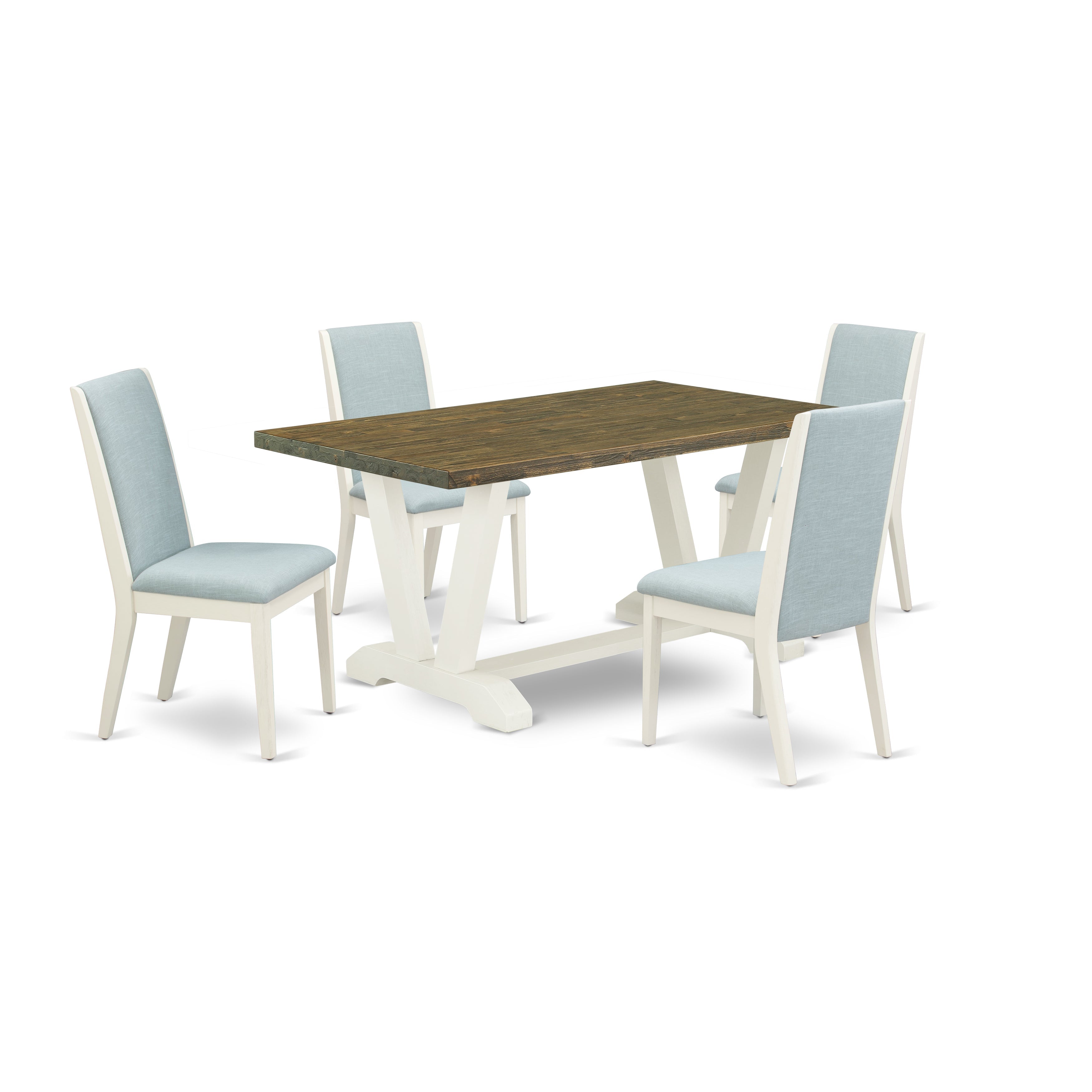 Juego de mesa de comedor de 5 piezas East West Furniture V076LA015-5 Incluye una mesa de comedor rectangular con patas en V y 4 sillas tapizadas en tela de lino azul bebé