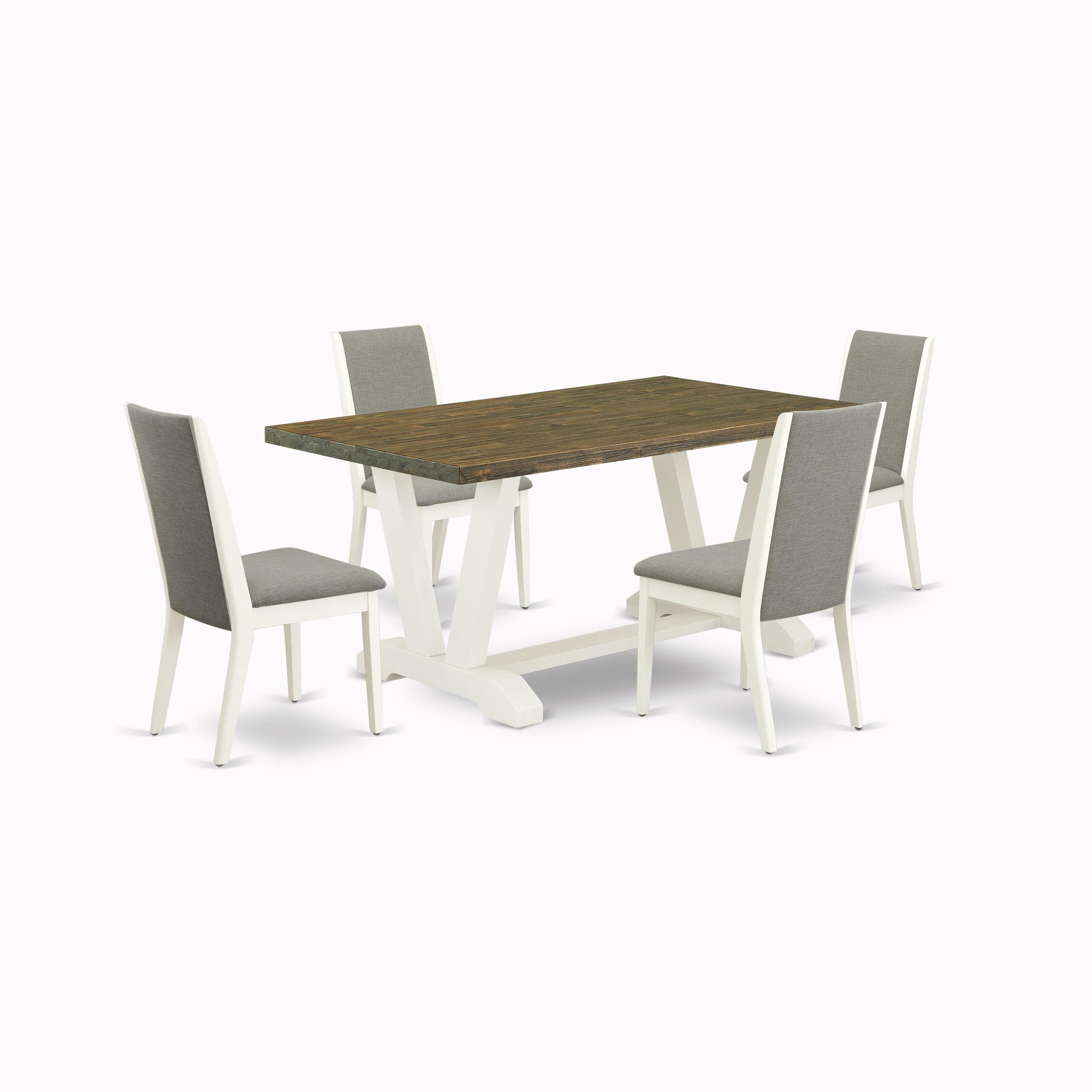Juego de comedor de 5 piezas East West Furniture V076LA206-5. Incluye una mesa de comedor rectangular con patas en V y 4 sillas Parsons de tela de lino Shitake.
