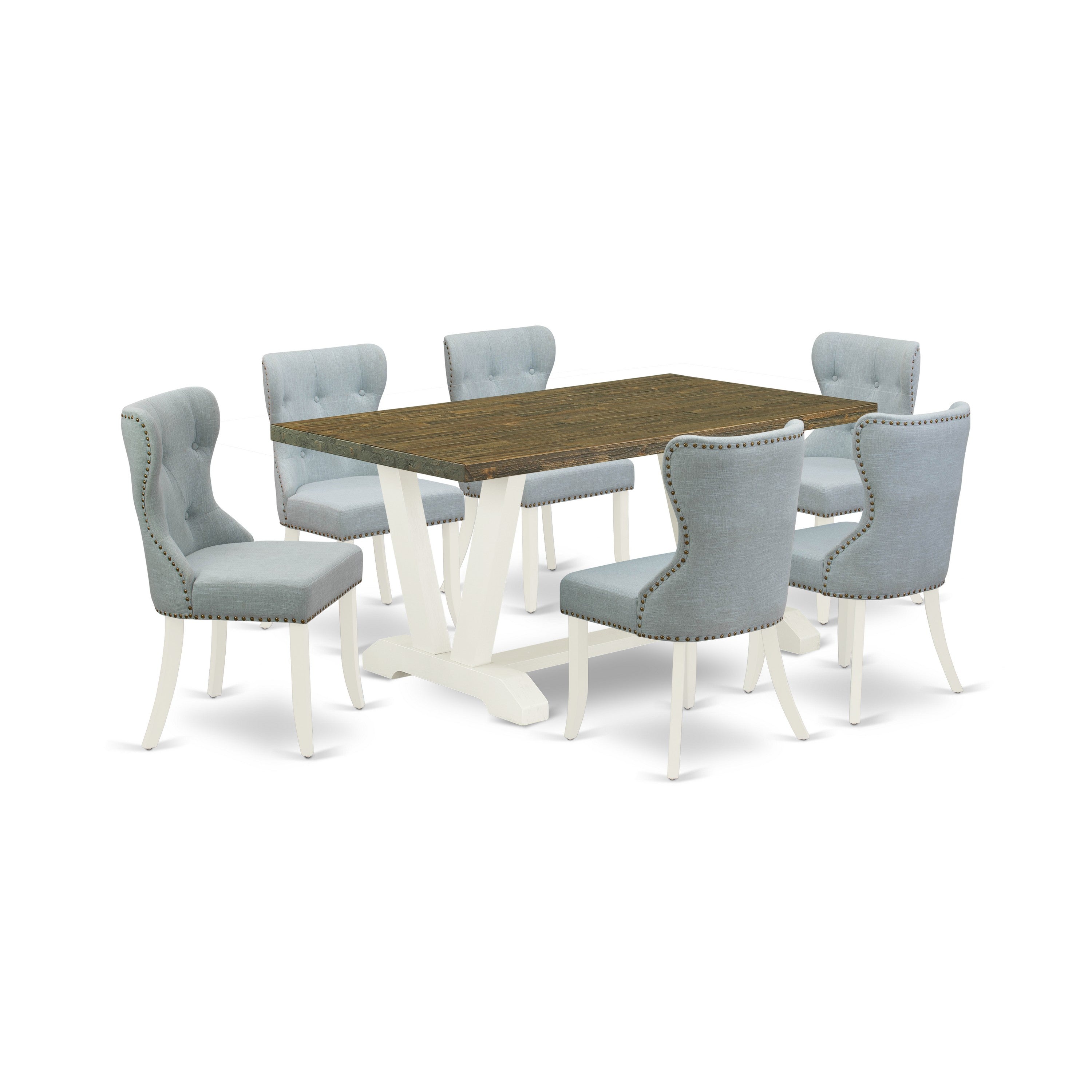 East West Furniture 7-Piece Dining Set- 6 kitchen chairs with Baby Blue Linen Fabric Seat and Button Tufted Chair Back - Rectangular Table top & Wooden Legs - Distressed Jacobean and linen white Finish