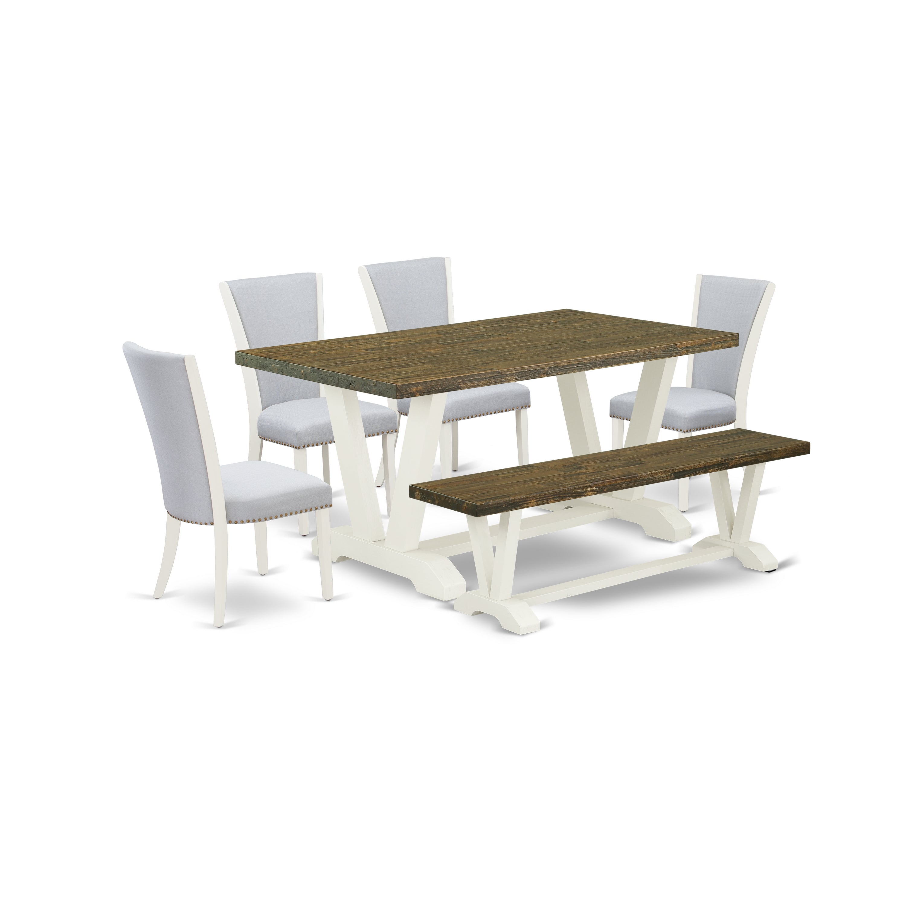 V076VE005-6 6 Piece Mid Century Dining Set - 4 Grey Linen Fabric Dinning Chairs with Nailheads and Distressed Jacobean Wooden Table - 1 Modern Bench - Wire brushed linen white Finish