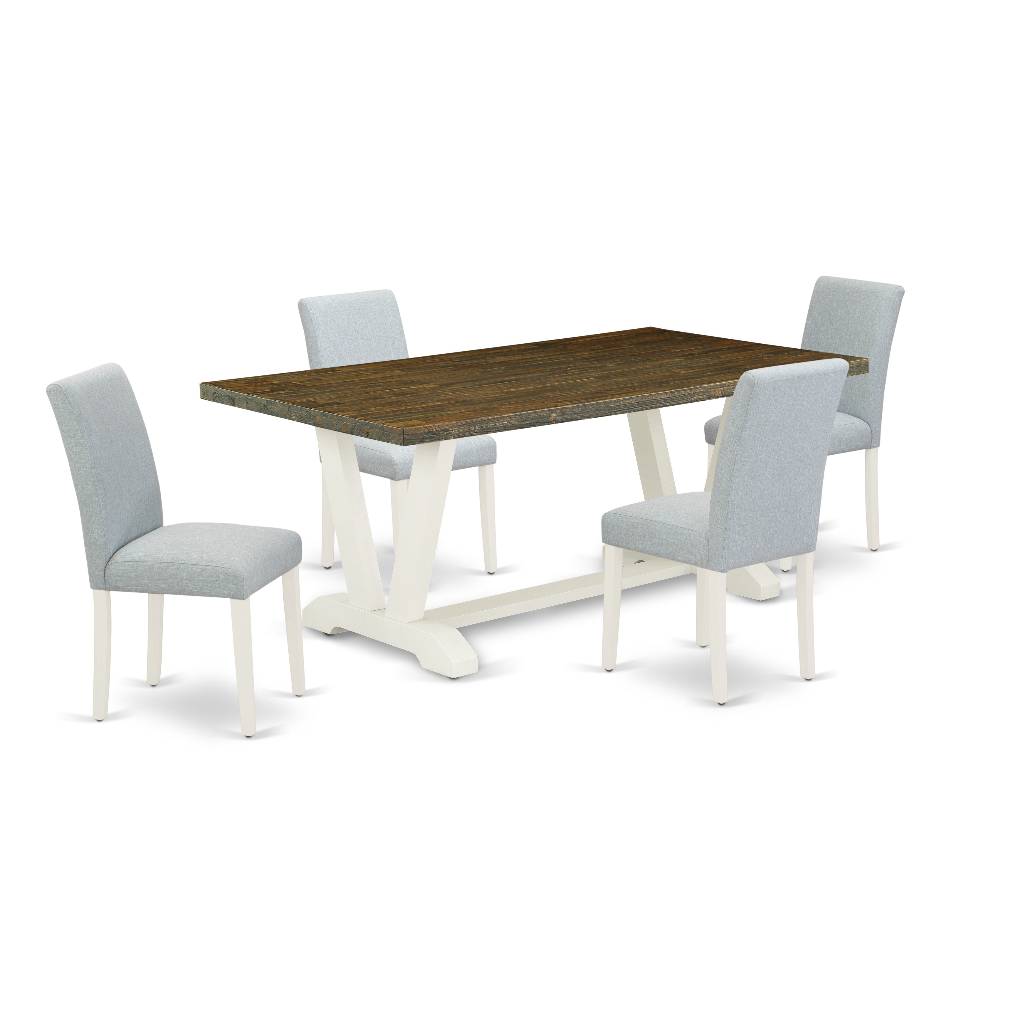 Juego de comedor de 5 piezas East West Furniture V077AB015-5 para 4 personas. Incluye una mesa de comedor rectangular con patas en V y 4 sillas de comedor Parson de tela de lino azul bebé.