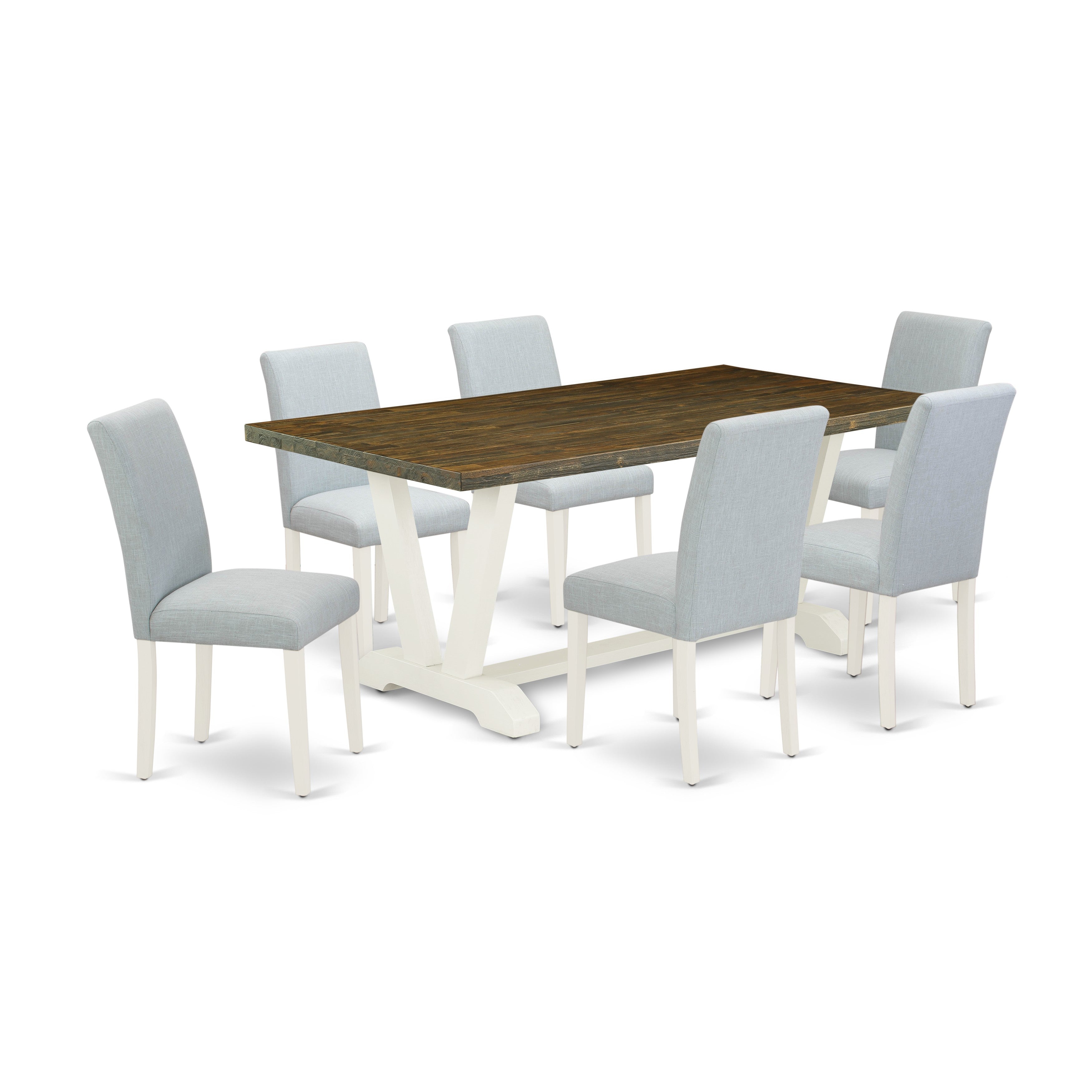 Juego de mesa de cocina de 7 piezas East West Furniture V077AB015-7 compuesto por una mesa de comedor rectangular con patas en V y 6 sillas de comedor Parson de tela de lino azul bebé.