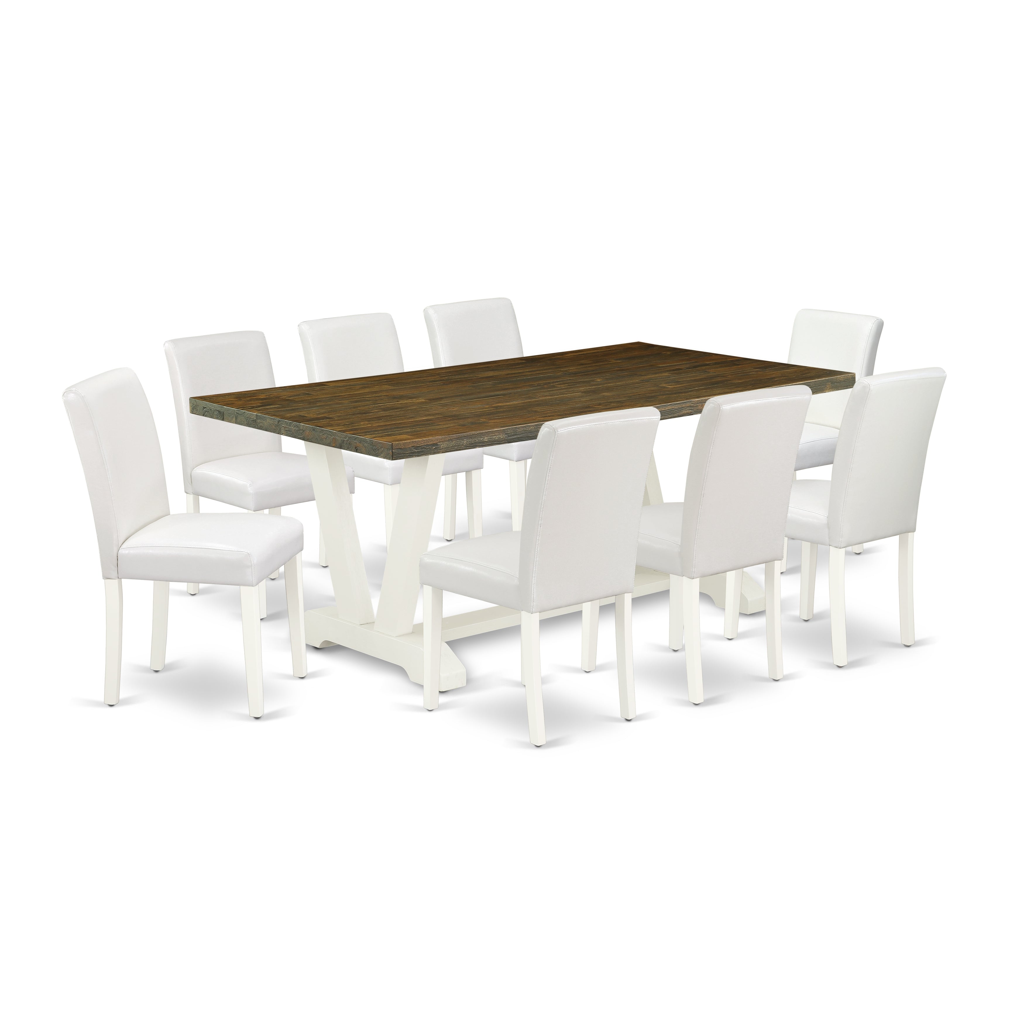Juego de mesa de comedor moderna de 9 piezas East West Furniture V077AB264-9. Incluye una mesa rectangular de madera con patas en V y 8 sillas de comedor Parson de piel sintética blanca.