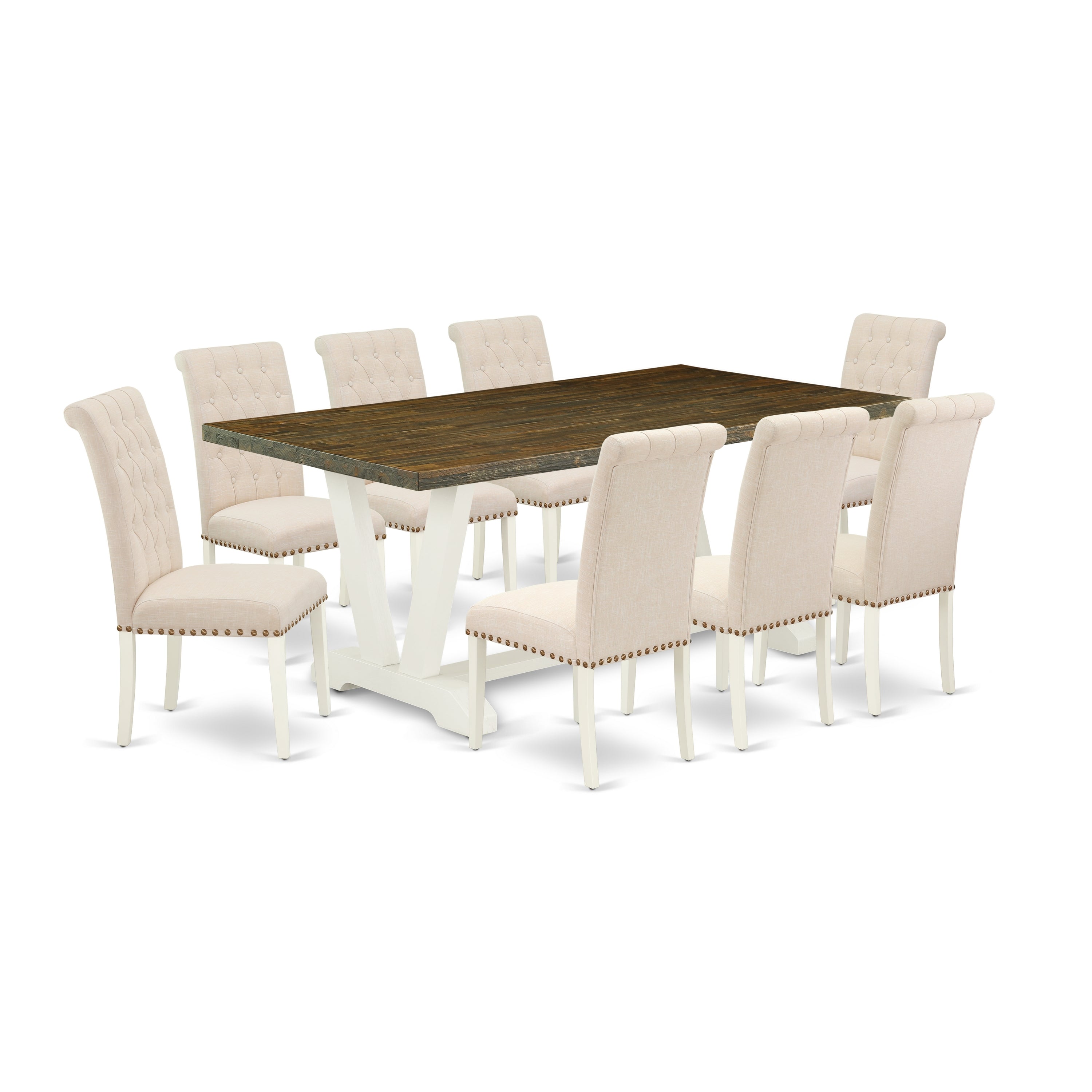 East West Furniture V077BR202-9 9-Piece Dining Table Set with Dining Table and 8 Linen Fabric Dining Chairs (linen white Finish)