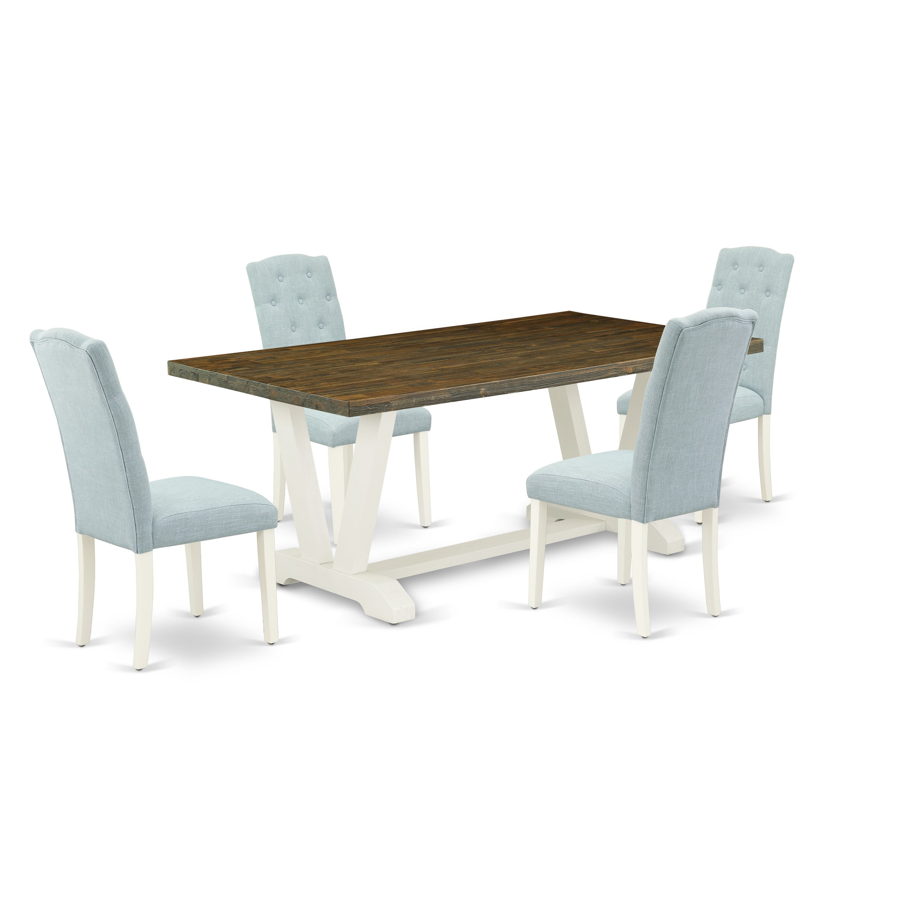 East West Furniture V077CE215-5 5-Pc Dining Table Set- 4 Mid Century Dining Chairs with Baby Blue Linen Fabric Seat and Button Tufted Chair Back - Rectangular Table (Distressed Jacobean Finish)