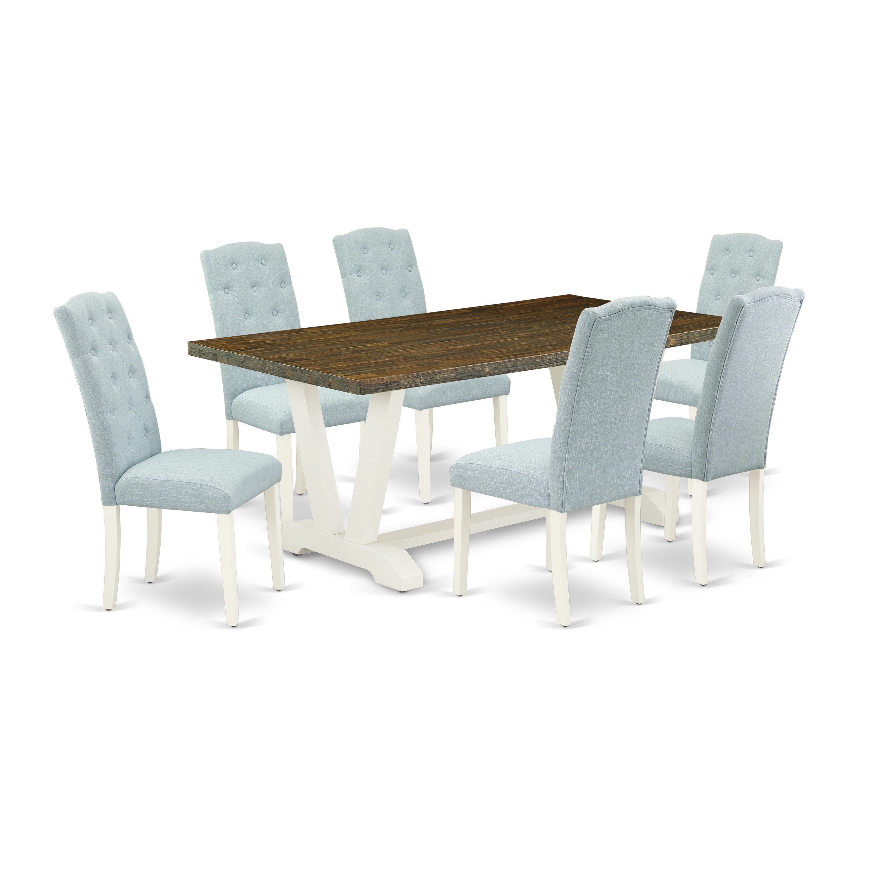 East West Furniture V077CE215-7 7-Pc Dining Room Set- 6 Dining Padded Chairs with Baby Blue Linen Fabric Seat and Button Tufted Chair Back - Rectangular Table top & Wooden Legs - Distressed Jacobean and linen white Finish