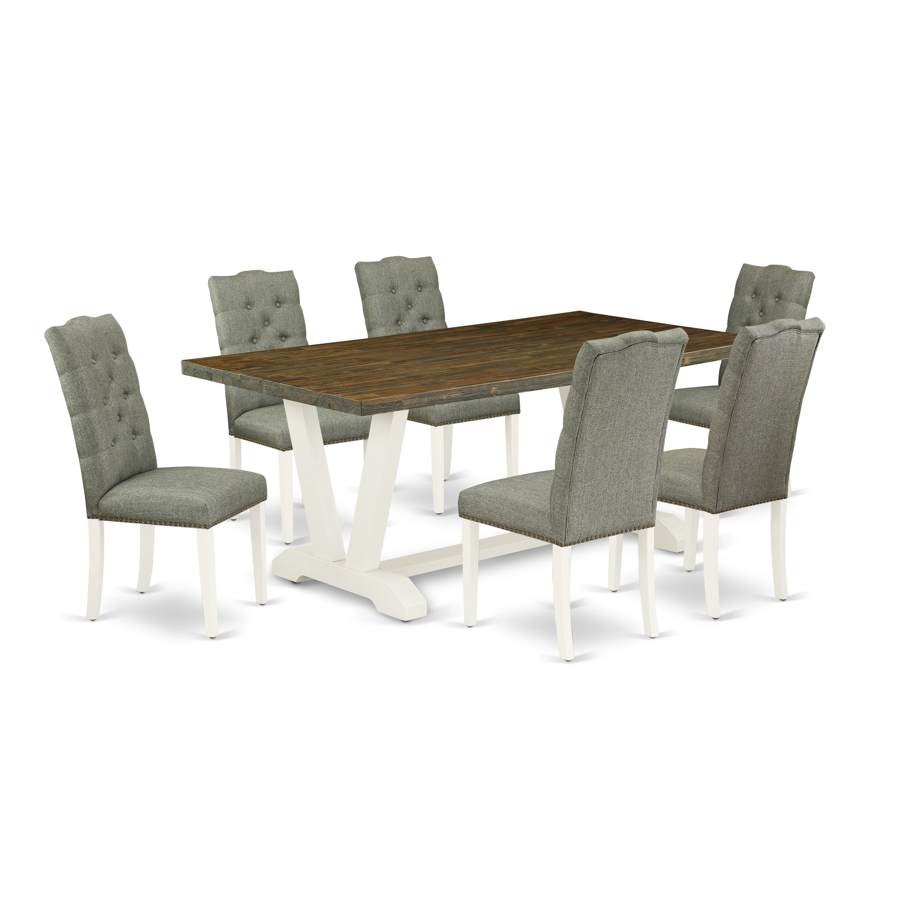 East West Furniture 7-Piece Kitchen Dining Set- 6 dining room chairs with Smoke Linen Fabric Seat and Button Tufted Chair Back - Rectangular Table top & Wooden Legs - Distressed Jacobean and linen white Finish